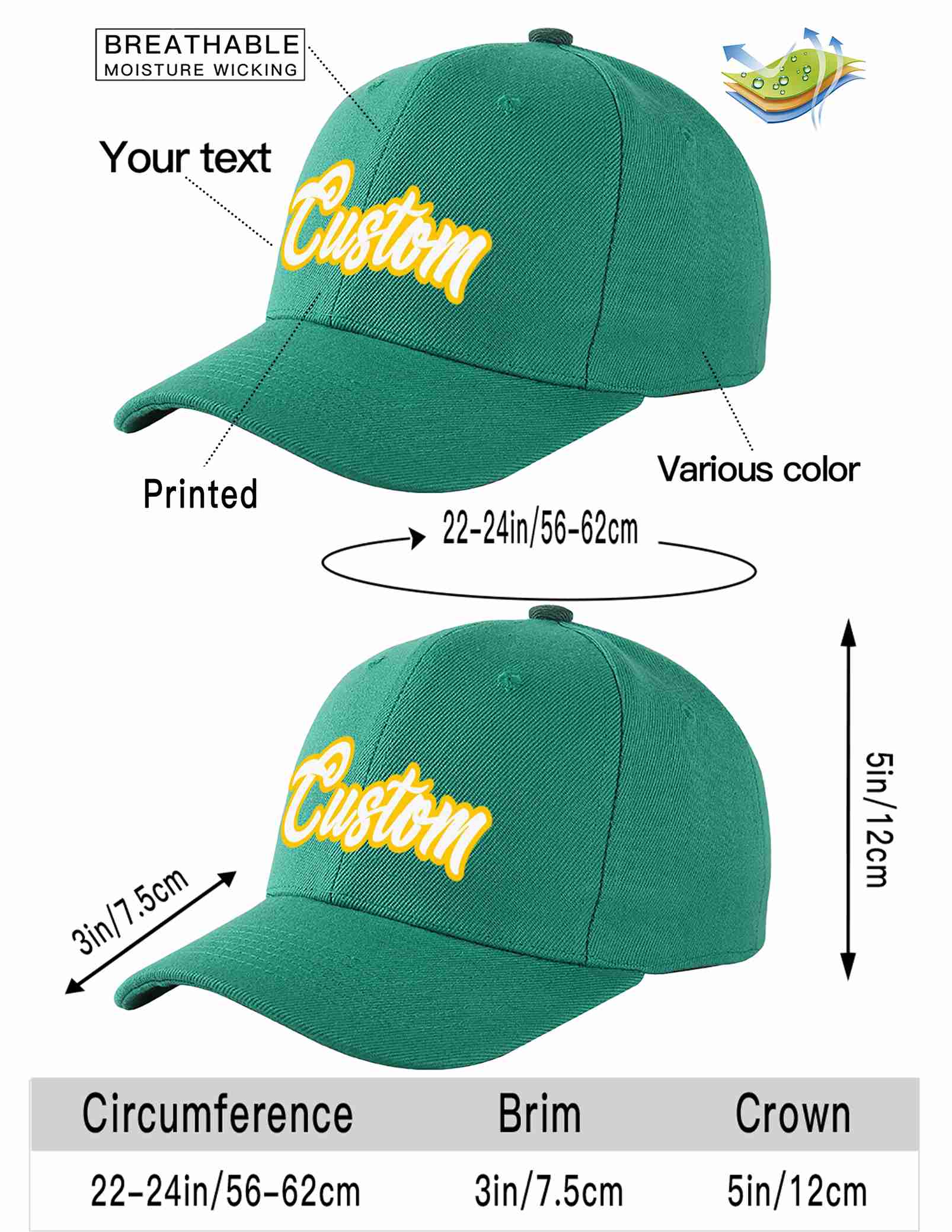 Custom Light Green White-Gold Curved Eaves Sport Baseball Cap Design for Men/Women/Youth