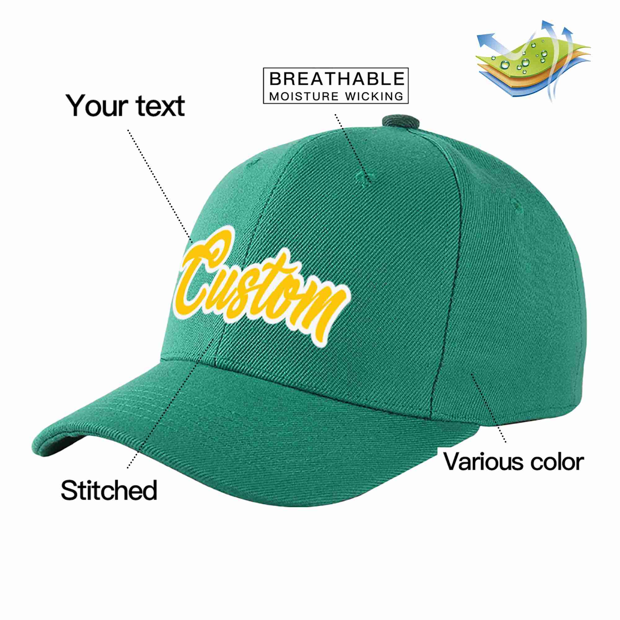 Custom Light Green Gold-White Curved Eaves Sport Baseball Cap Design for Men/Women/Youth