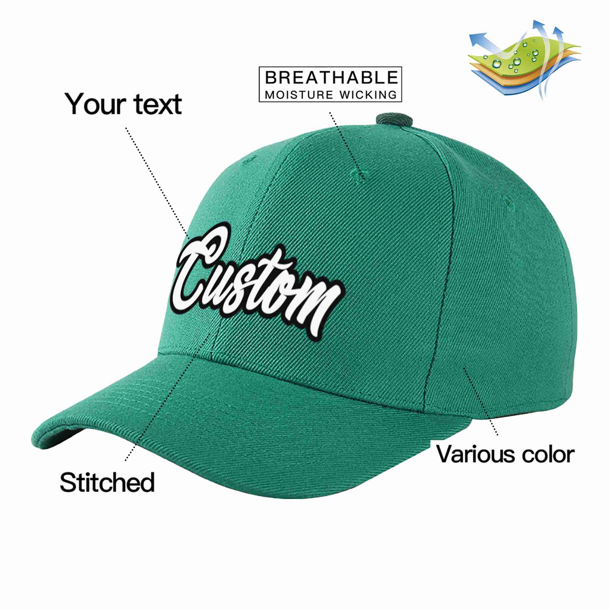 Custom Light Green White-Black Curved Eaves Sport Baseball Cap Design for Men/Women/Youth