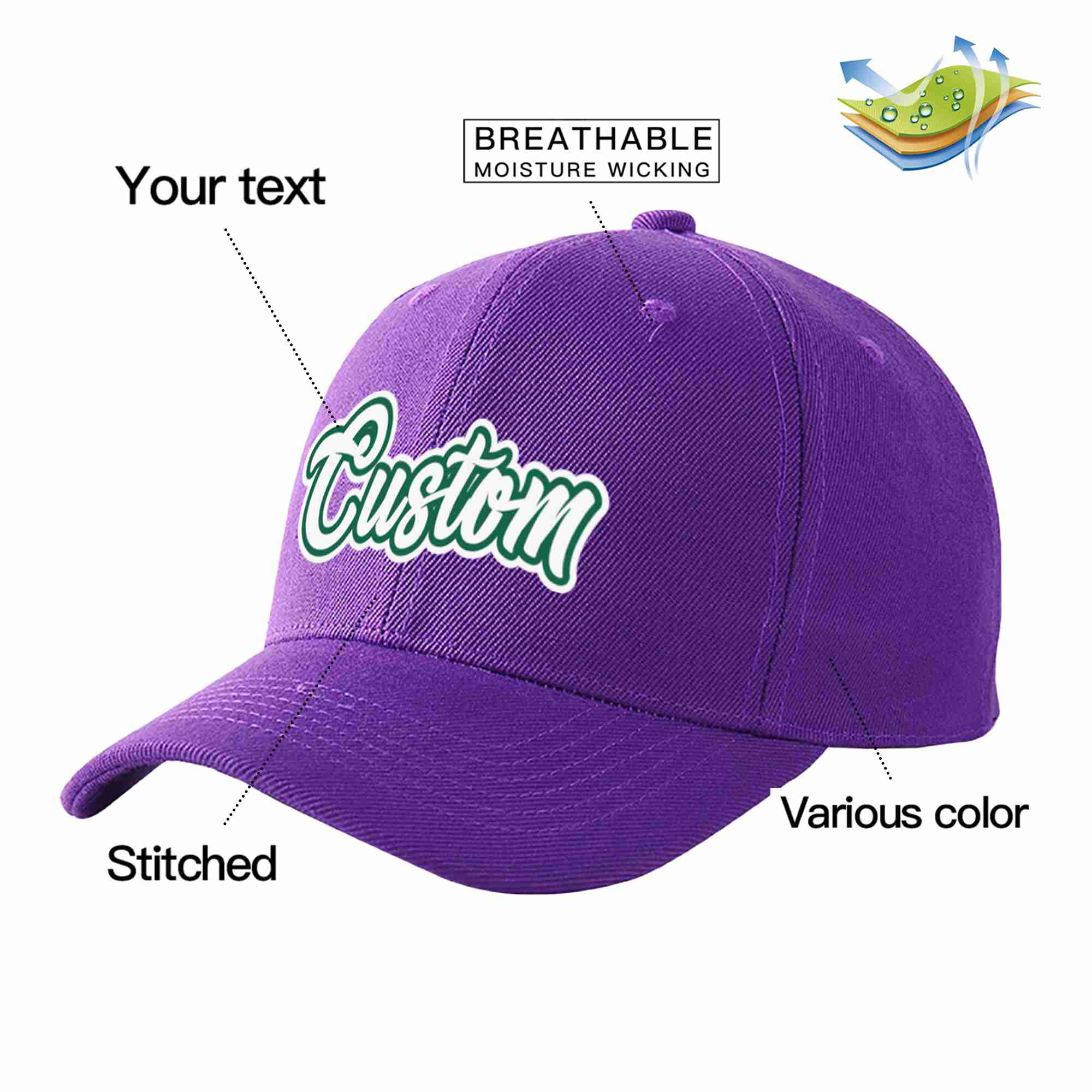 Custom Purple White-Kelly Green Curved Eaves Sport Baseball Cap Design for Men/Women/Youth