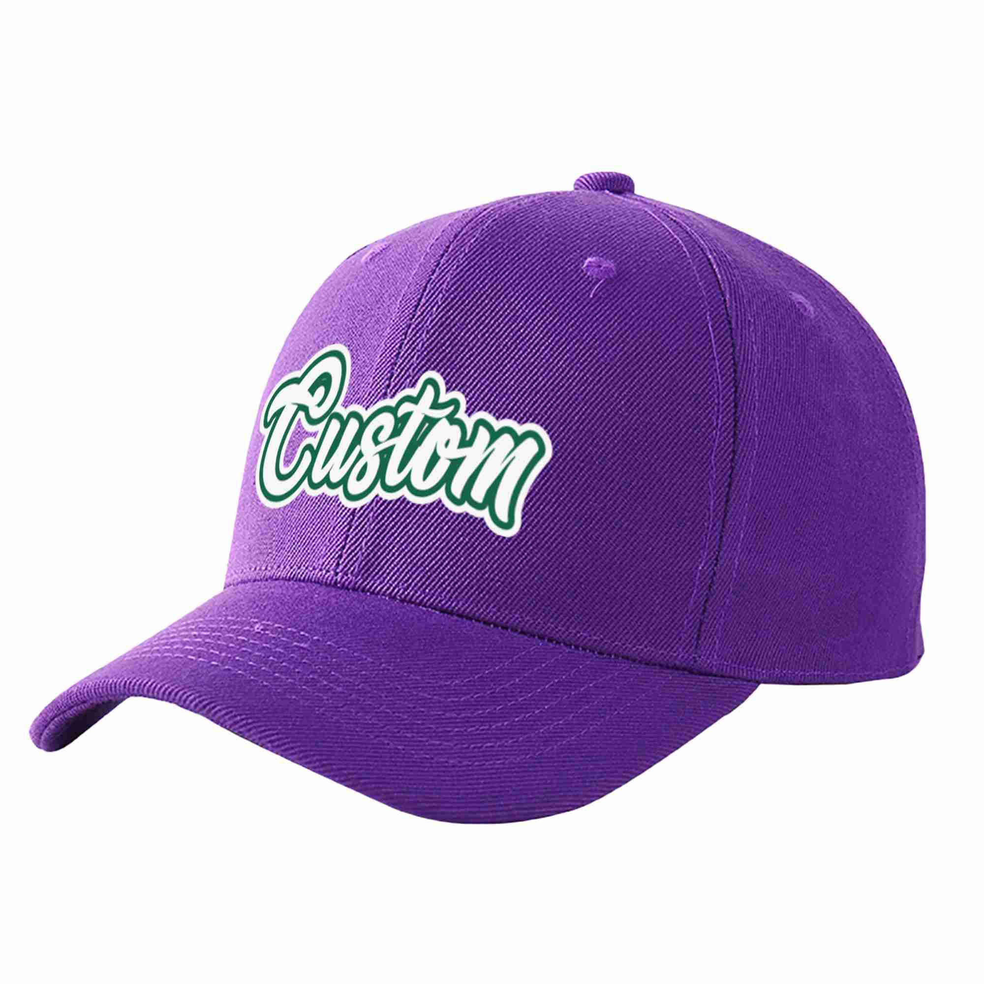 Custom Purple White-Kelly Green Curved Eaves Sport Baseball Cap Design for Men/Women/Youth