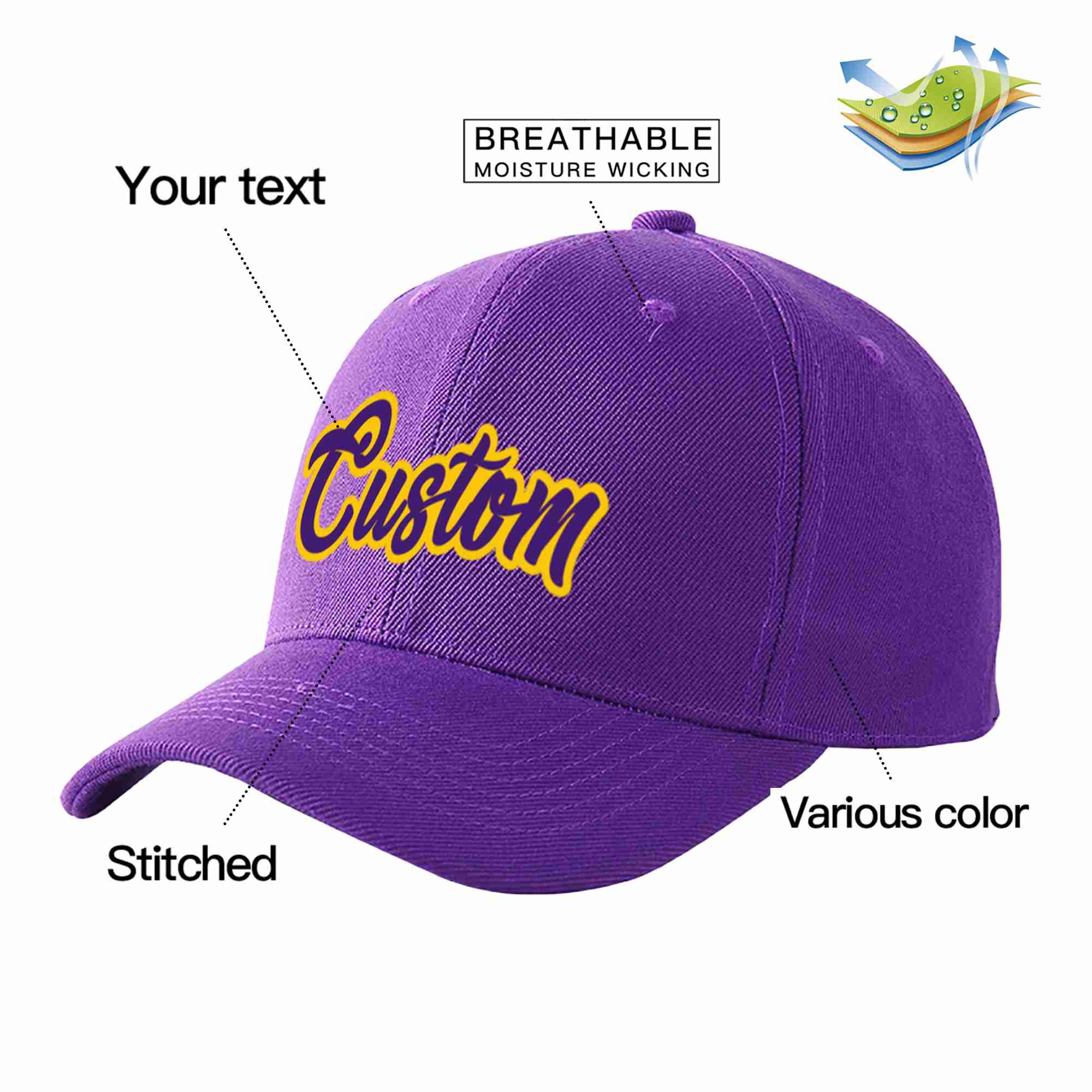 Conception personnalisée de casquette de baseball de sport incurvée violet-or pour hommes/femmes/jeunes