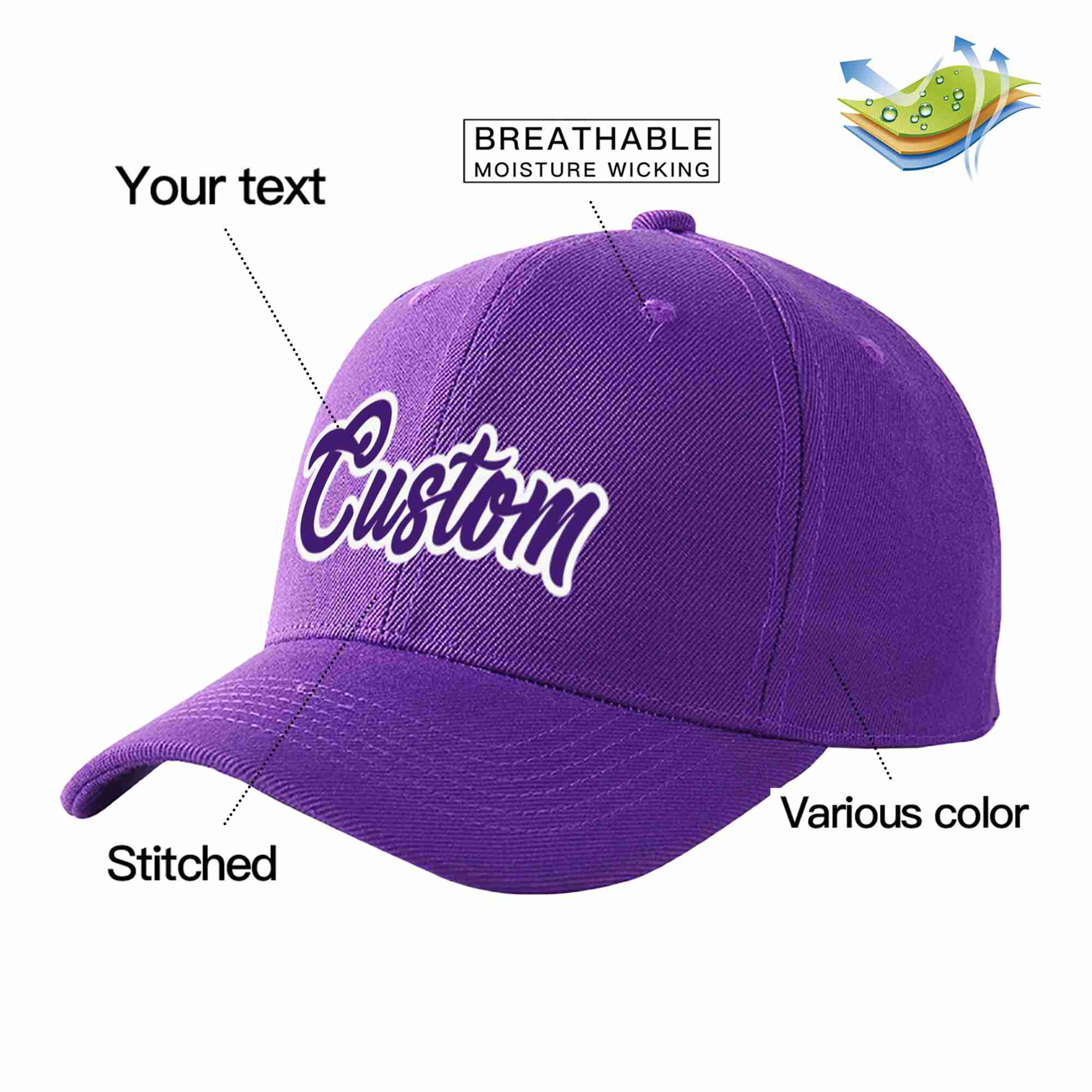 Conception personnalisée de casquette de baseball de sport incurvée violet-blanc pour hommes/femmes/jeunes