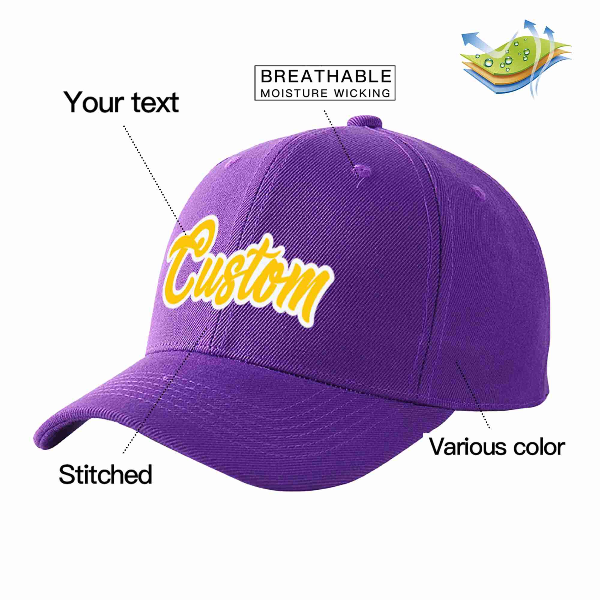 Custom Purple Gold-White Curved Eaves Sport Baseball Cap Design for Men/Women/Youth