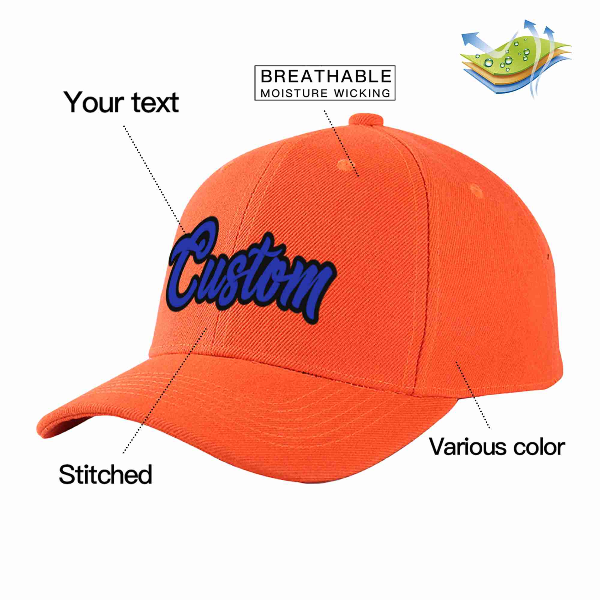 Casquette de baseball personnalisée Tangerine Royal-Black Curved Eaves Sport pour hommes/femmes/jeunes