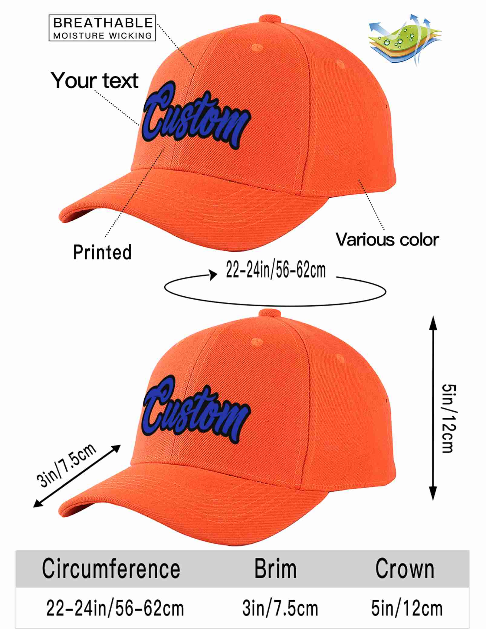 Custom Tangerine Royal-Black Curved Eaves Sport Baseball Cap Design for Men/Women/Youth