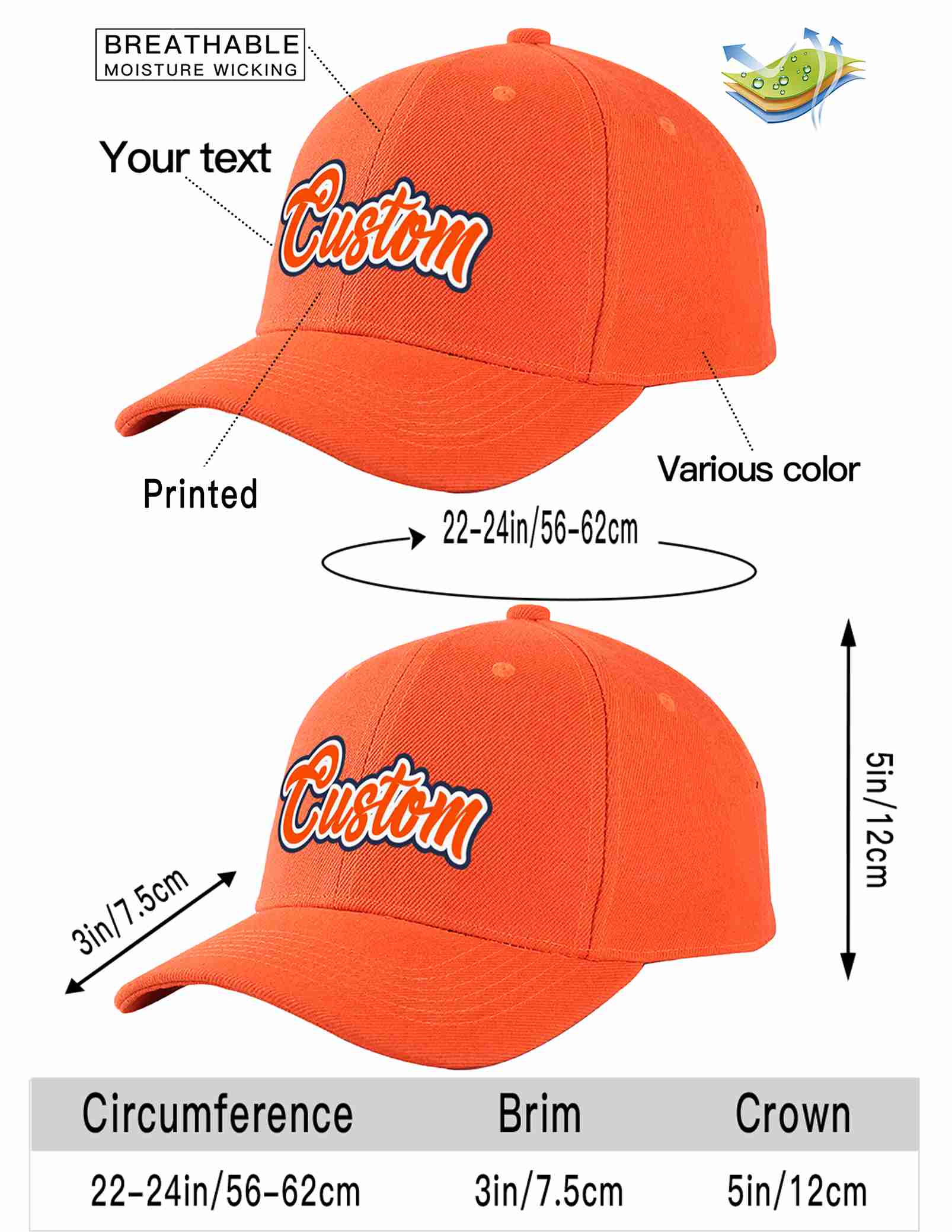 Conception personnalisée de casquette de baseball de sport incurvée orange-blanc mandarine pour hommes/femmes/jeunes