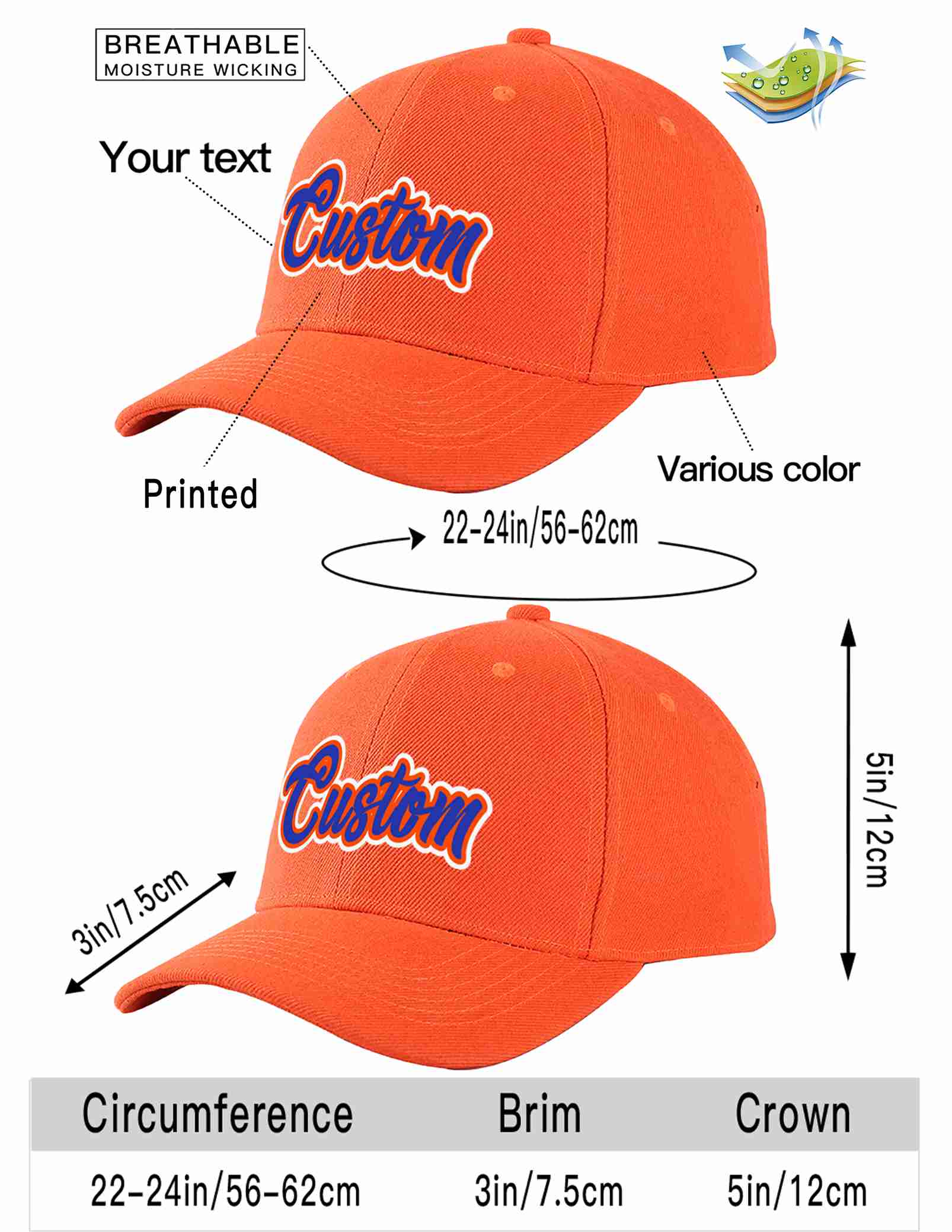 Custom Tangerine Royal-Orange Curved Eaves Sport Baseball Cap Design for Men/Women/Youth