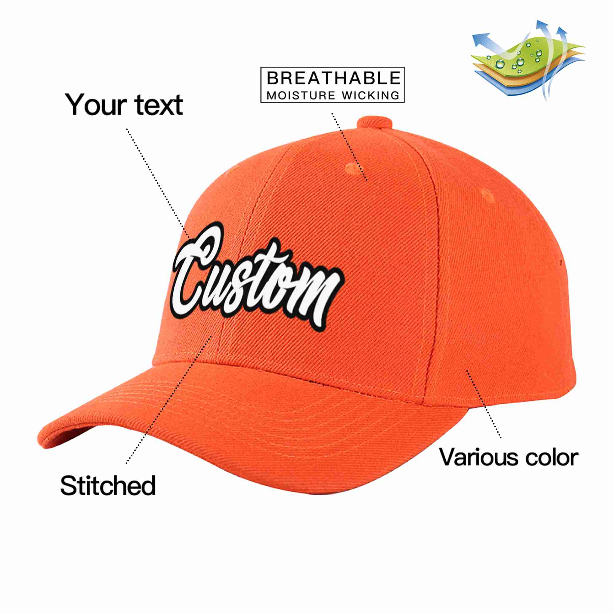 Conception personnalisée de casquette de baseball de sport incurvée blanc-noir mandarine pour hommes/femmes/jeunes