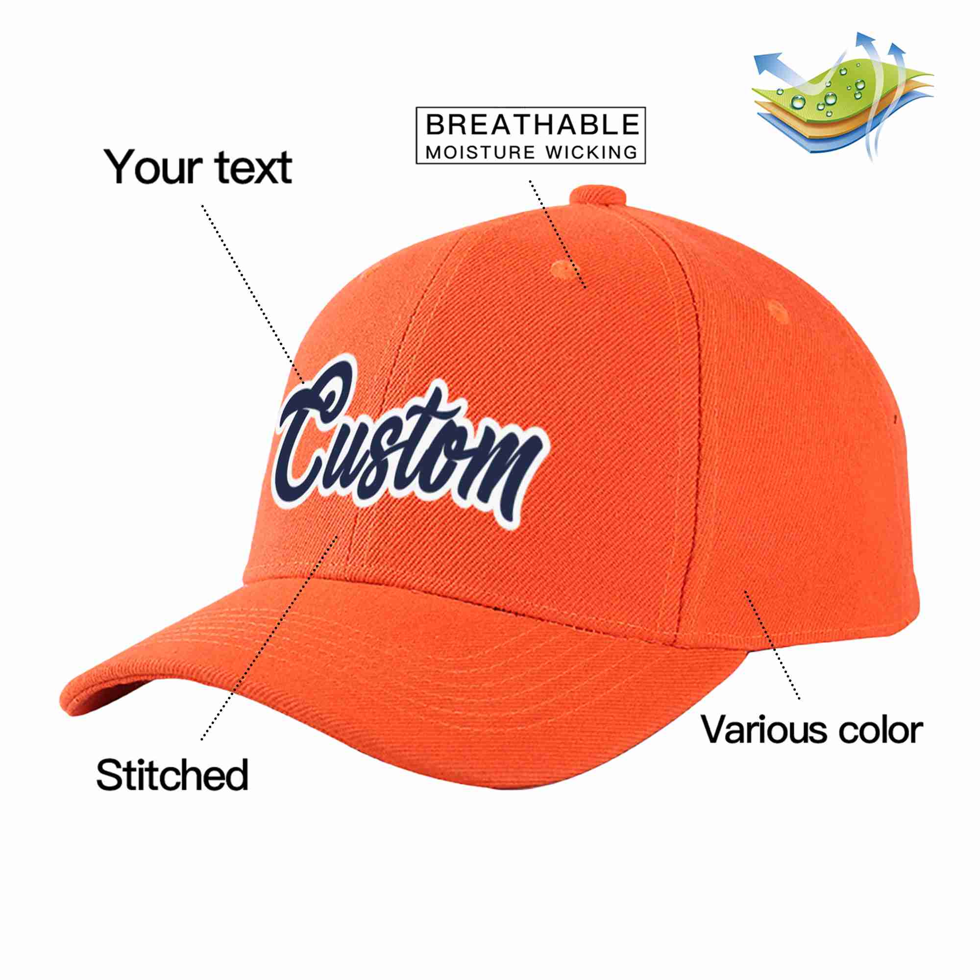 Casquette de baseball de sport incurvée personnalisée Tangerine marine-blanc pour hommes/femmes/jeunes