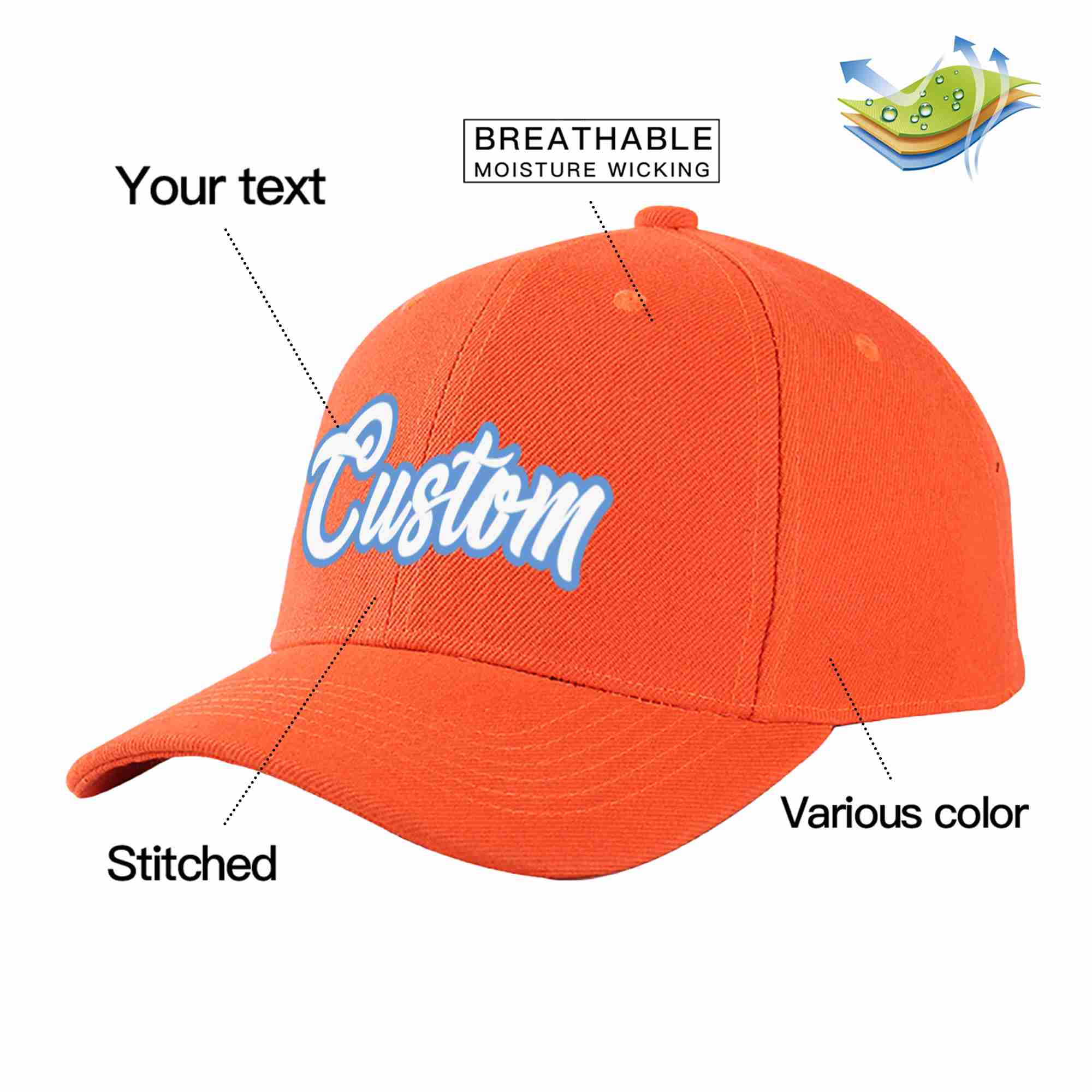 Custom Tangerine White-Light Blue Curved Eaves Sport Baseball Cap Design for Men/Women/Youth