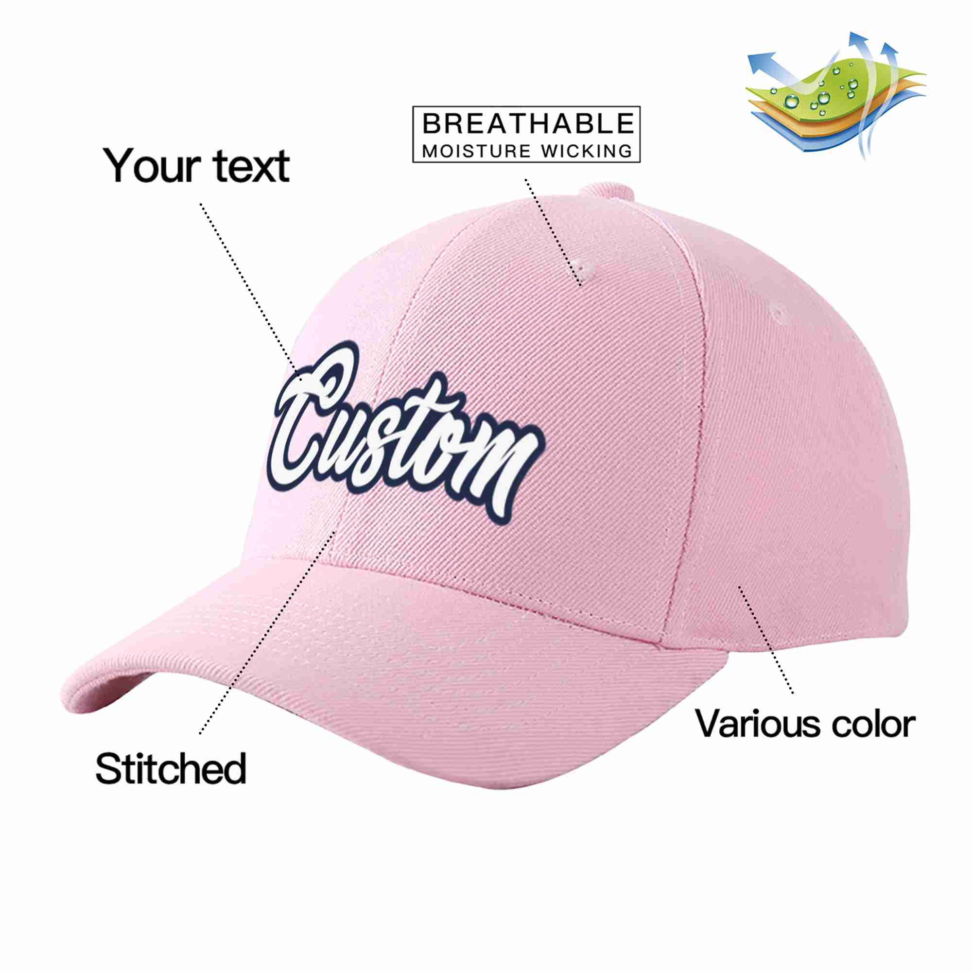 Conception personnalisée de casquette de baseball de sport incurvée rose blanc-marine pour hommes/femmes/jeunes