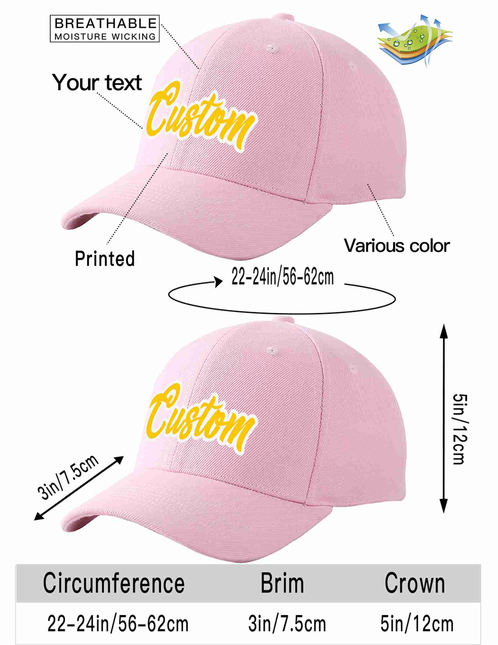 Custom Pink Gold-White Curved Eaves Sport Baseball Cap Design for Men/Women/Youth