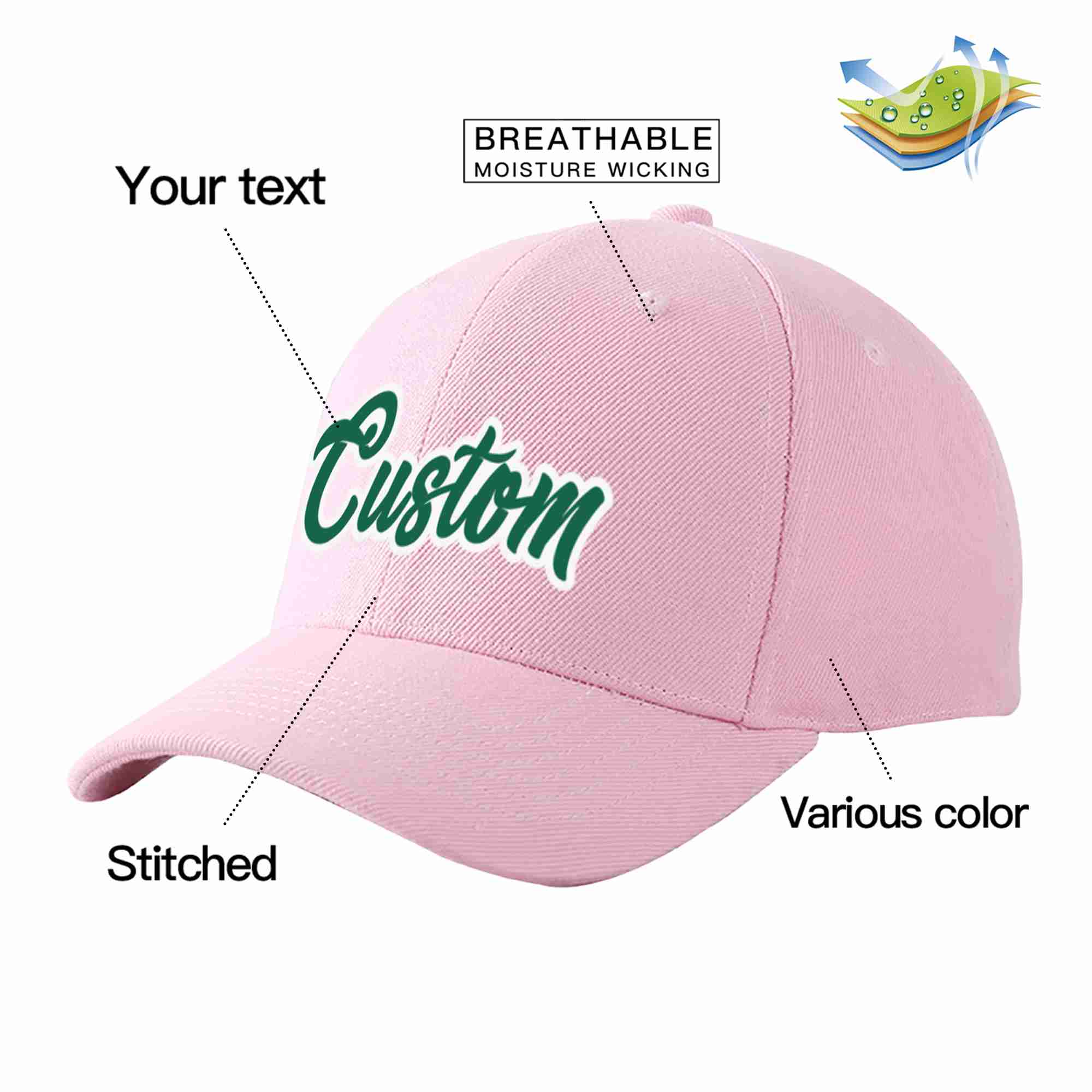 Casquette de baseball de sport incurvée rose Kelly vert-blanc pour hommes/femmes/jeunes