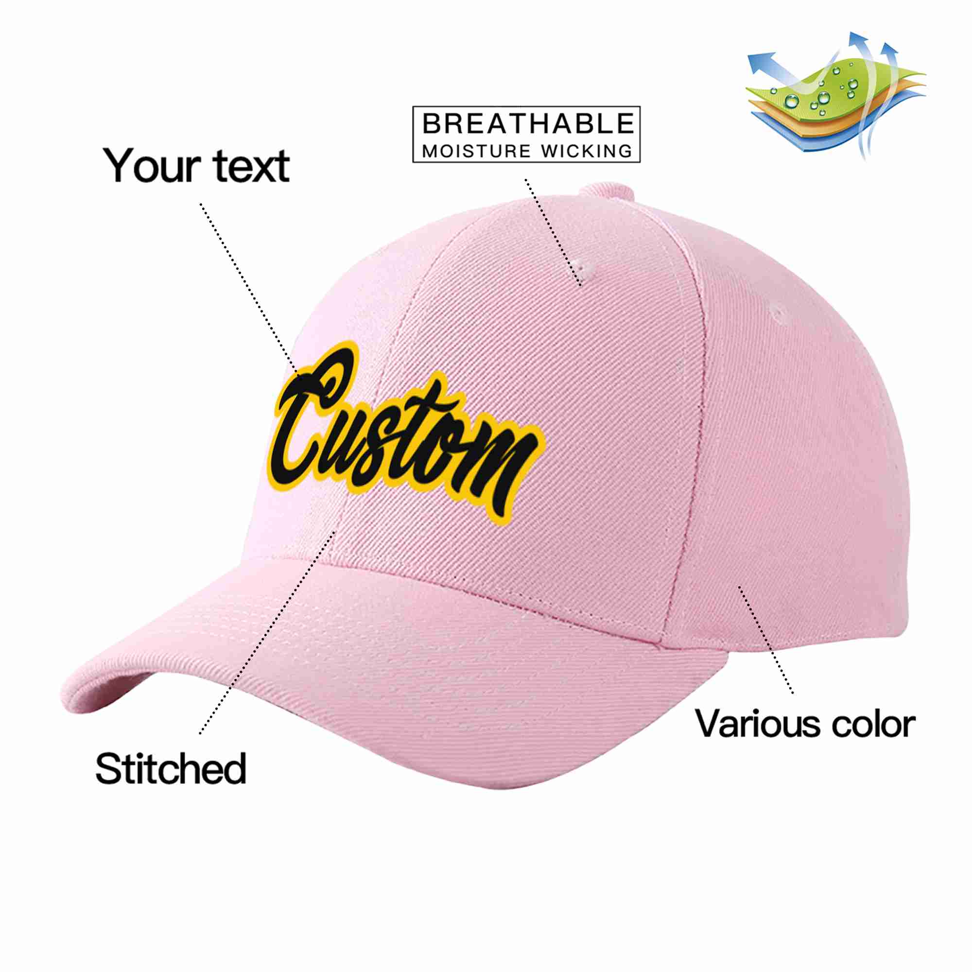 Conception personnalisée de casquette de baseball de sport incurvée rose noir-or pour hommes/femmes/jeunes