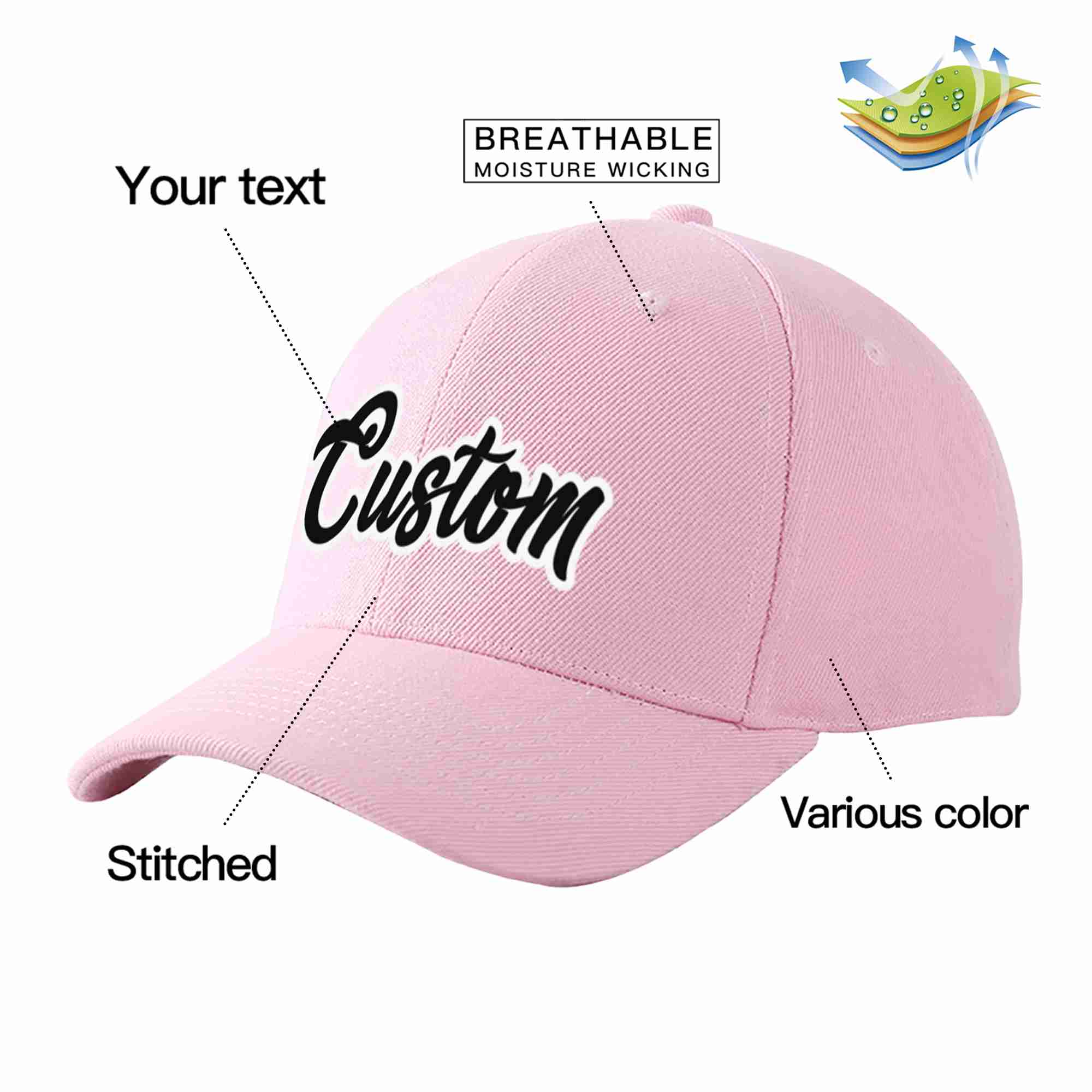 Conception personnalisée de casquette de baseball de sport incurvée rose noir-blanc pour hommes/femmes/jeunes