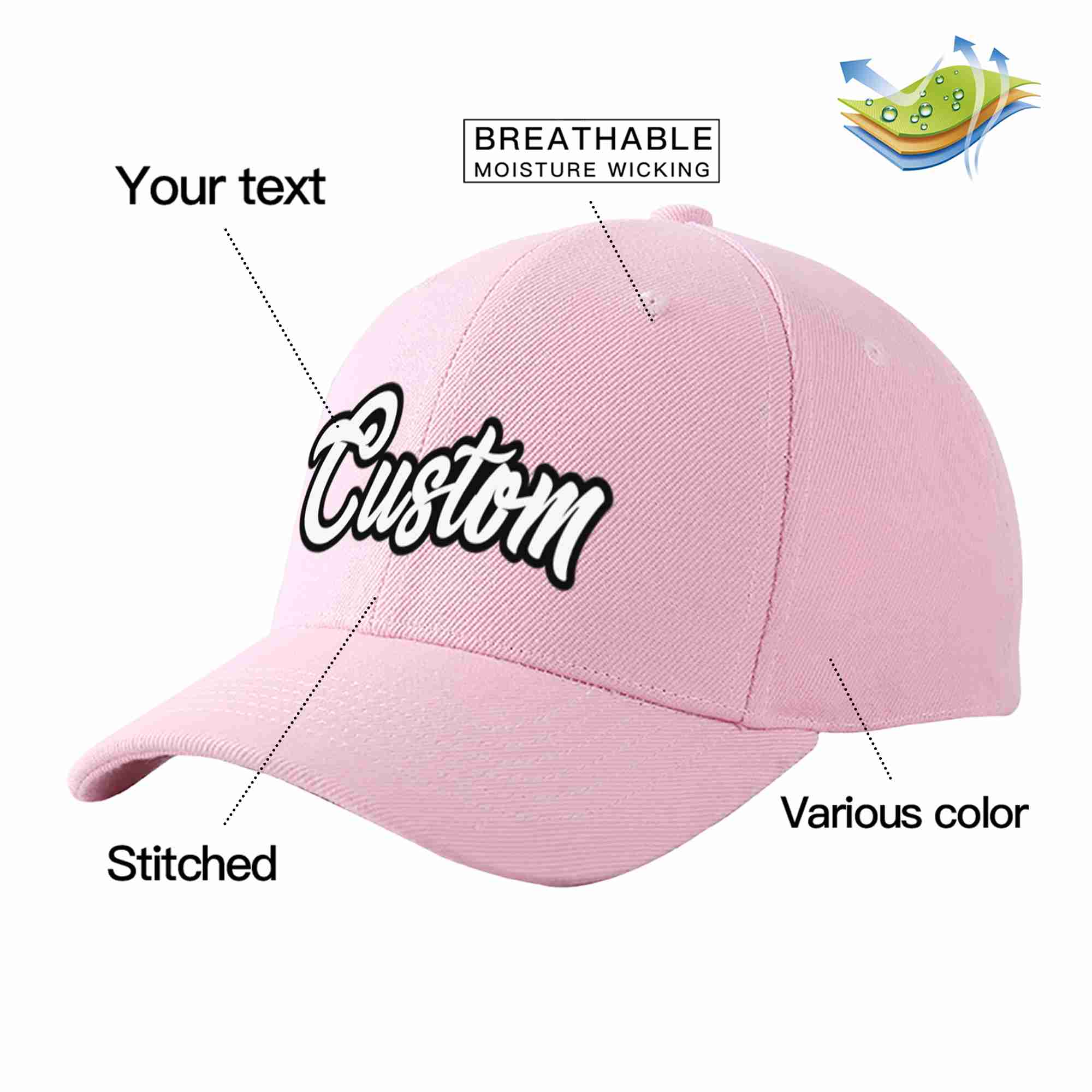 Conception personnalisée de casquette de baseball de sport incurvée rose blanc-noir pour hommes/femmes/jeunes