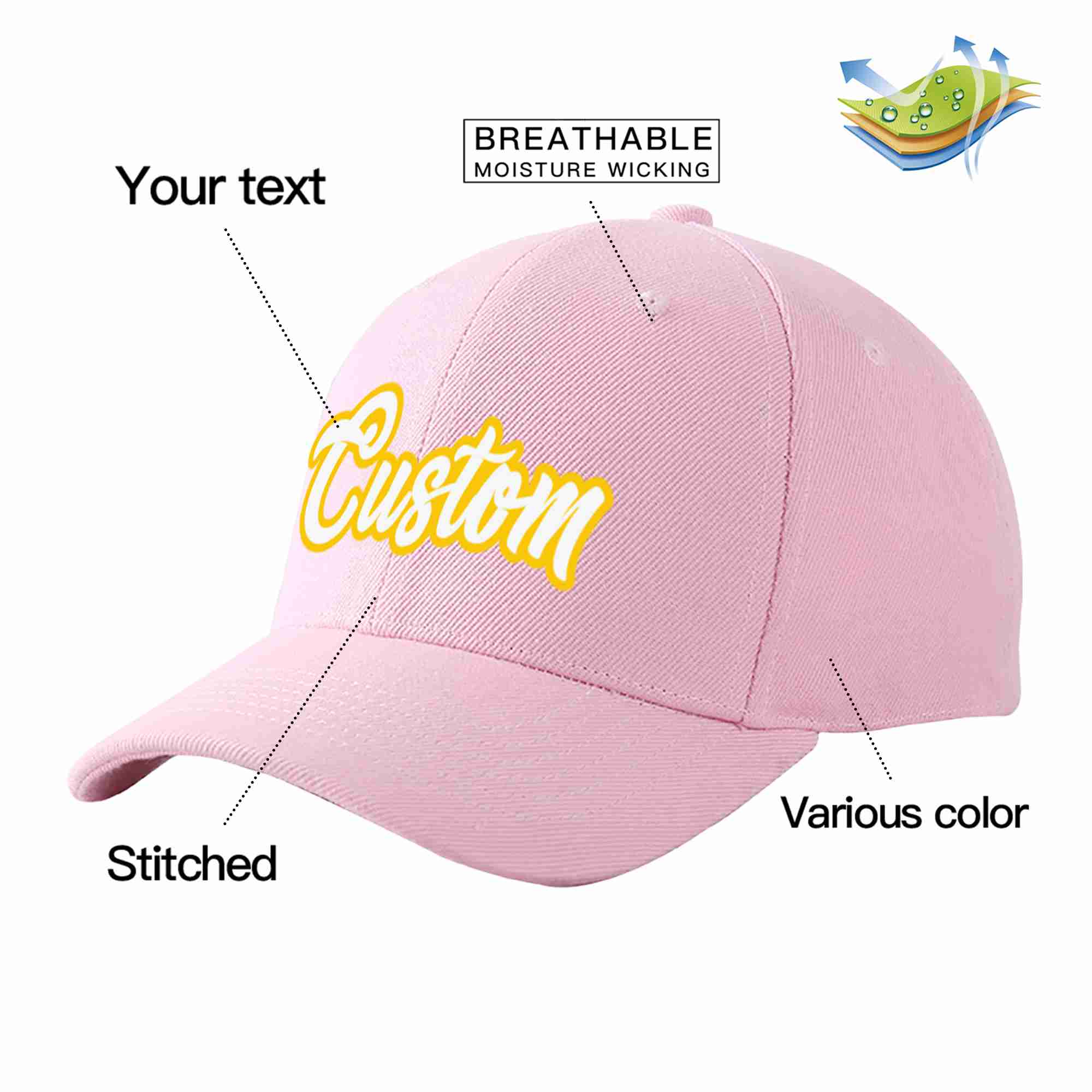 Custom Pink White-Gold Curved Eaves Sport Baseball Cap Design for Men/Women/Youth