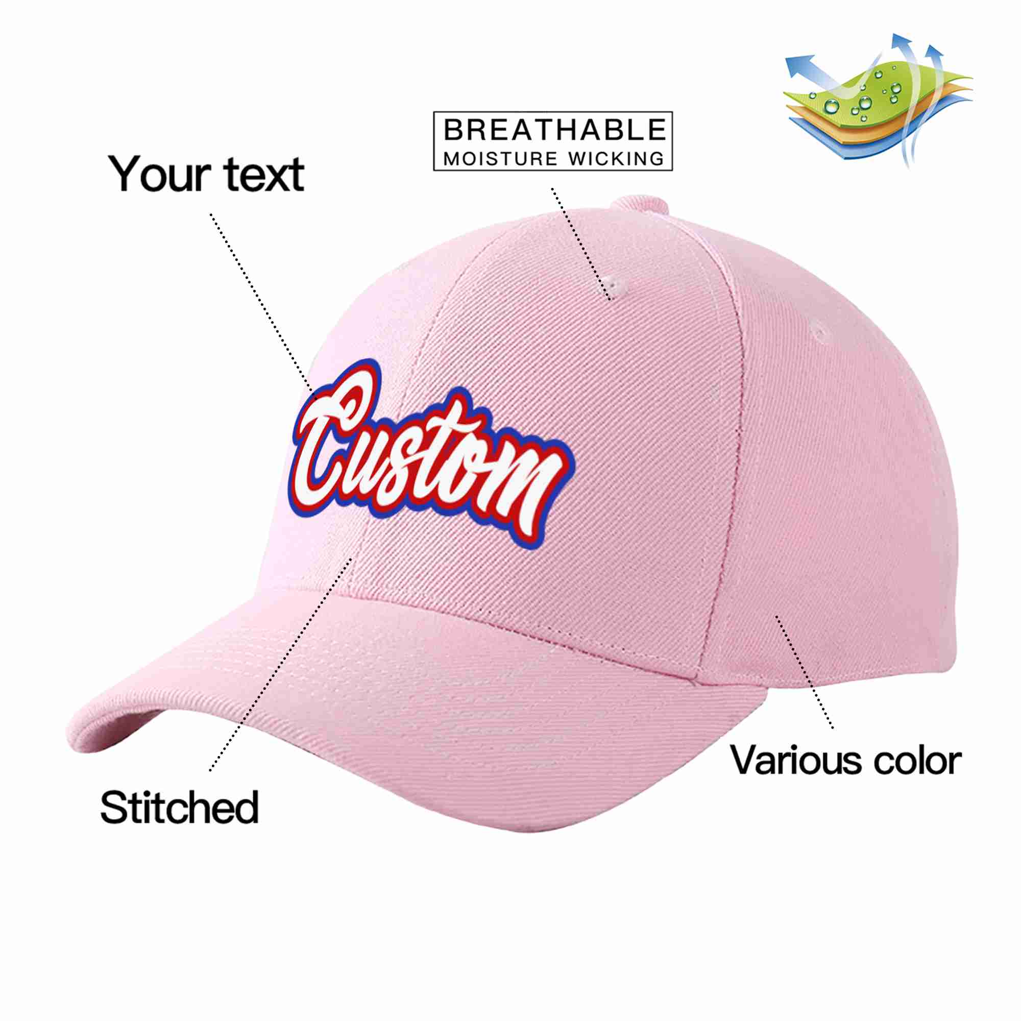 Conception personnalisée de casquette de baseball de sport incurvée rose blanc-rouge pour hommes/femmes/jeunes