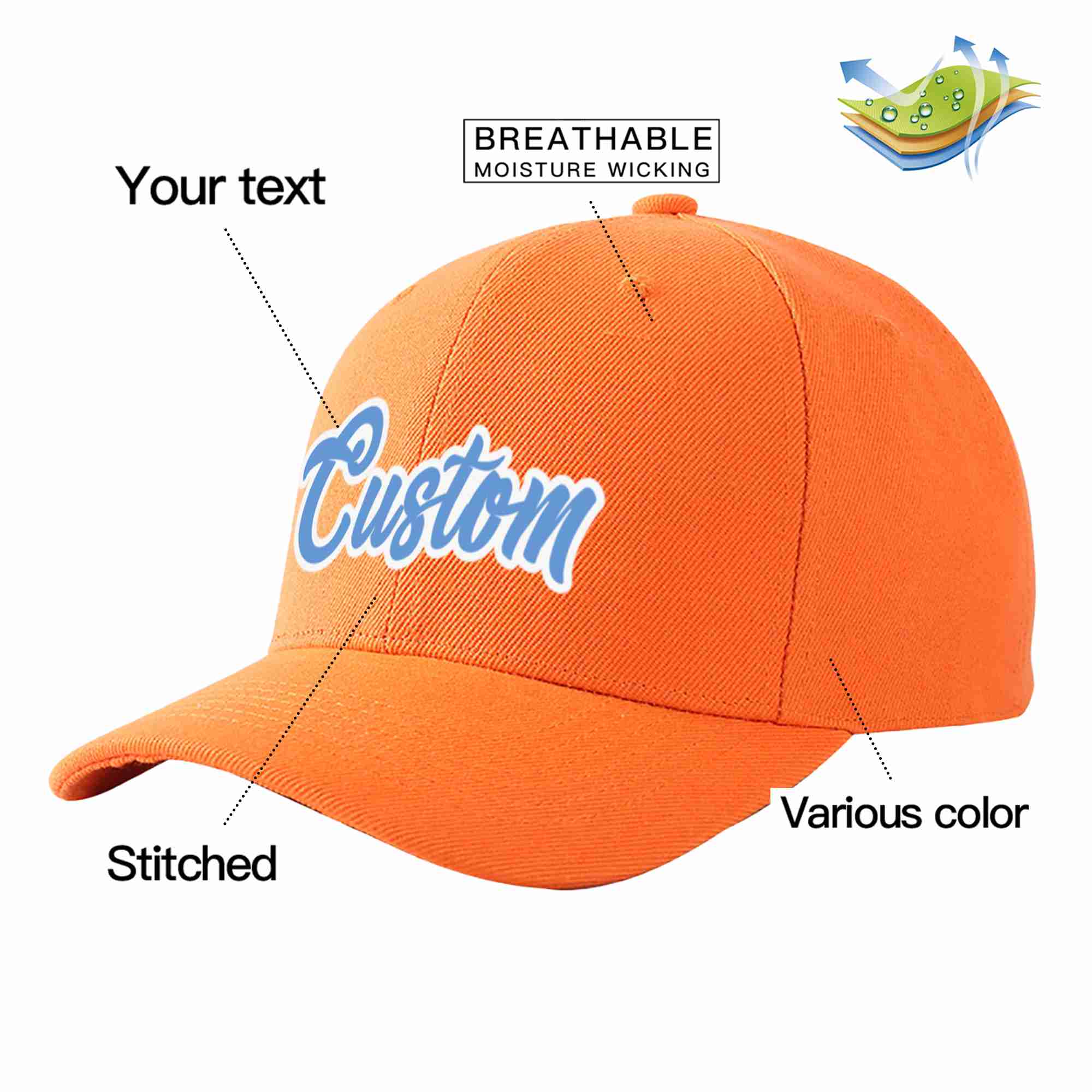 Conception personnalisée de casquette de baseball de sport incurvée orange bleu clair-blanc pour hommes/femmes/jeunes