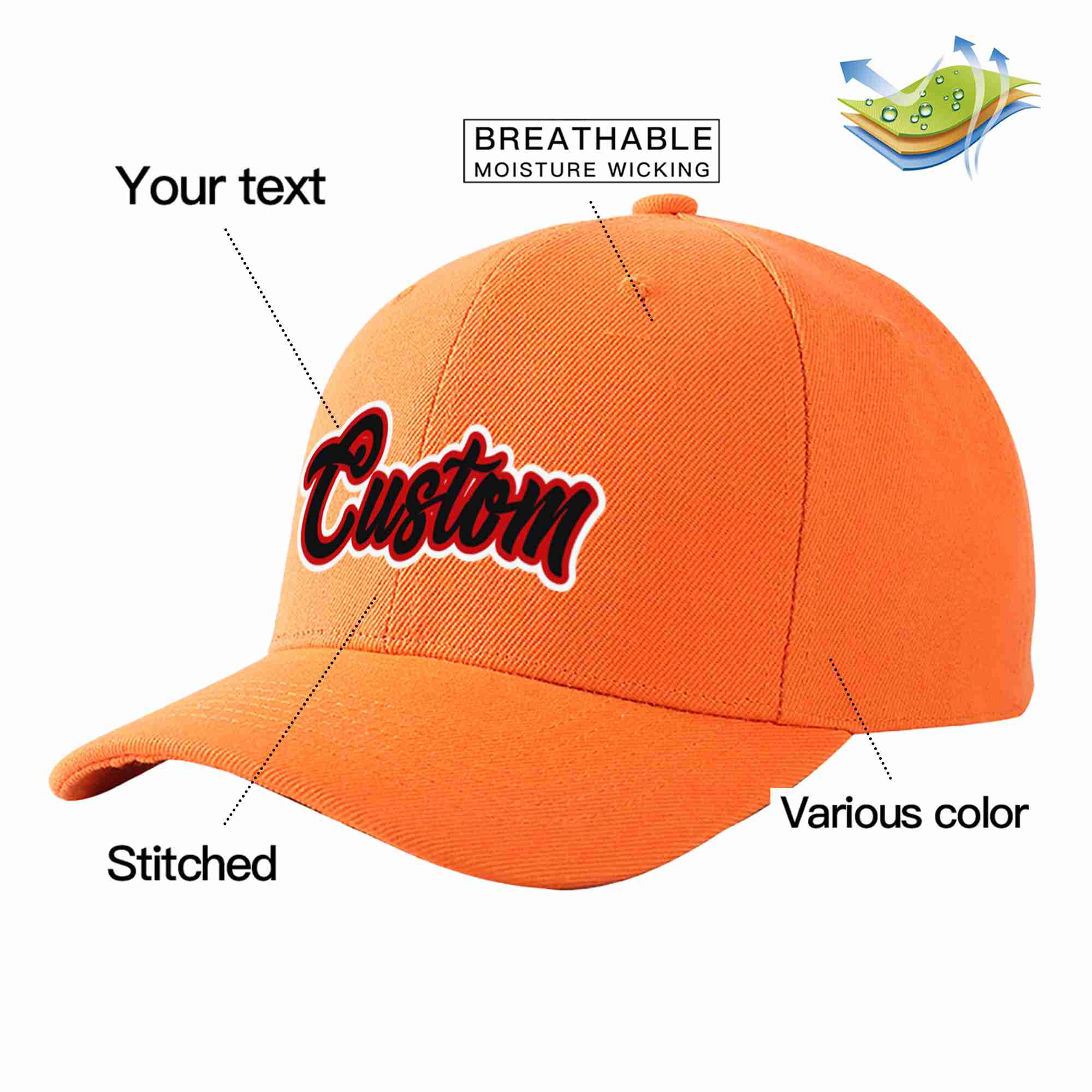 Conception personnalisée de casquette de baseball de sport incurvée orange noir-rouge pour hommes/femmes/jeunes