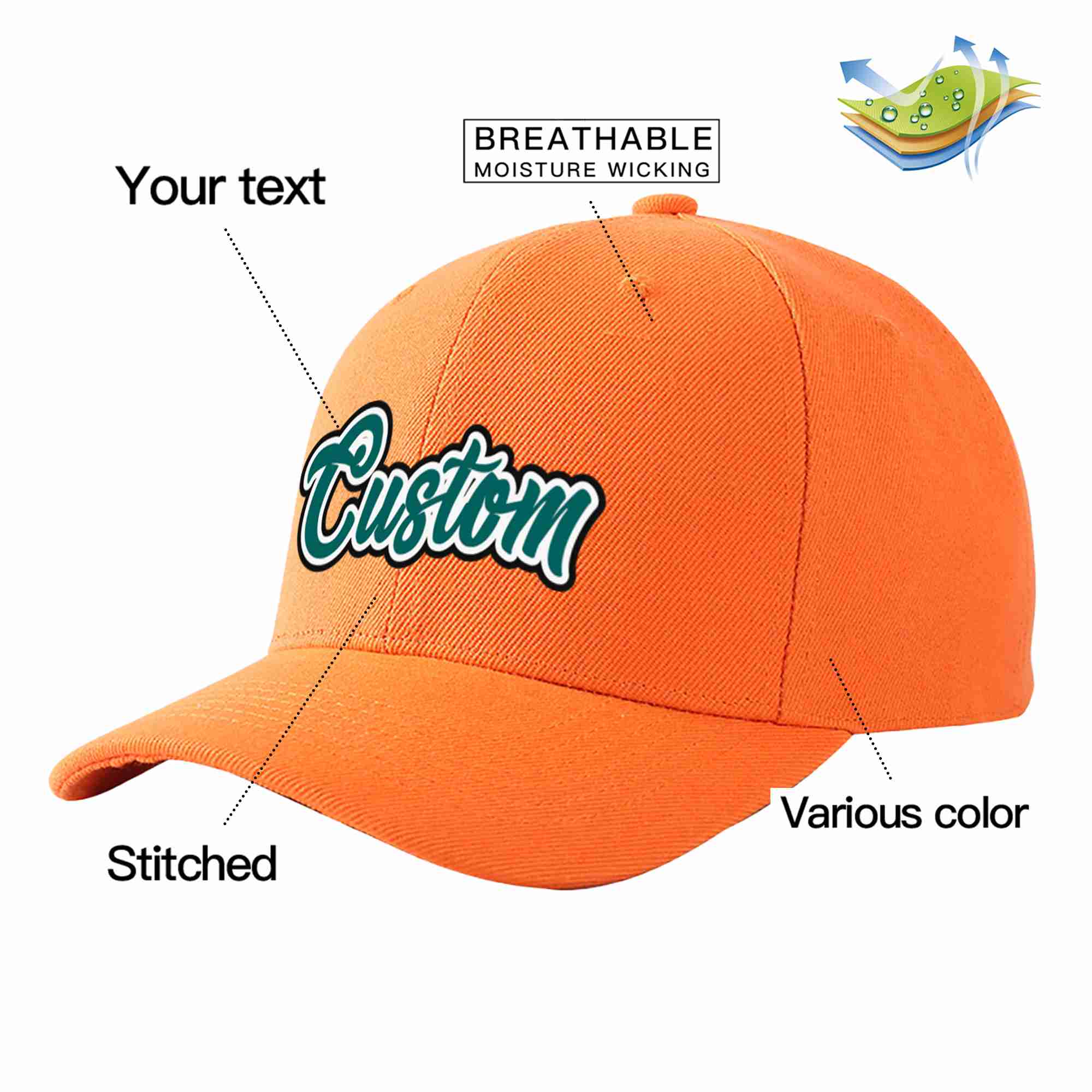 Casquette de baseball de sport incurvée orange aqua-blanc personnalisée pour hommes/femmes/jeunes