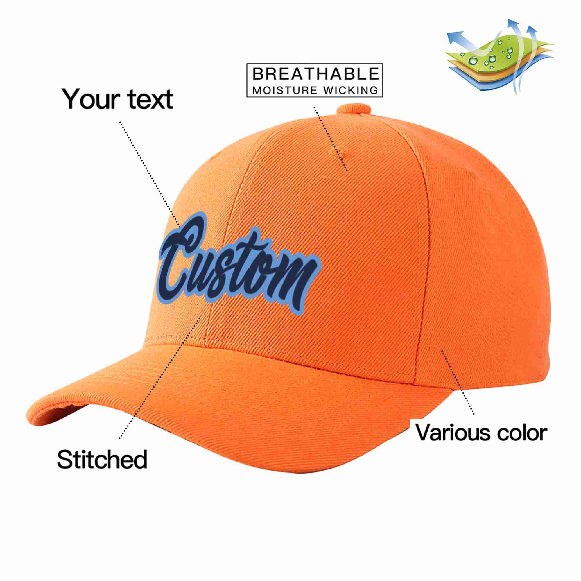 Conception personnalisée de casquette de baseball de sport incurvée orange marine-bleu clair pour hommes/femmes/jeunes