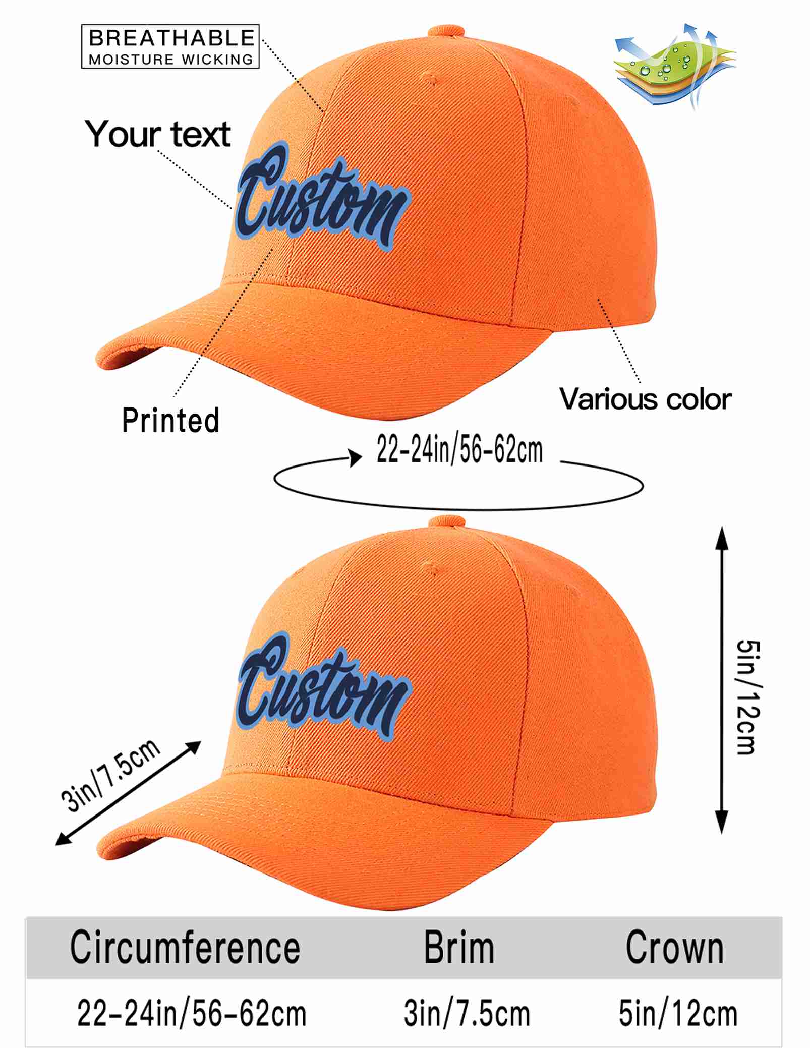 Conception personnalisée de casquette de baseball de sport incurvée orange marine-bleu clair pour hommes/femmes/jeunes