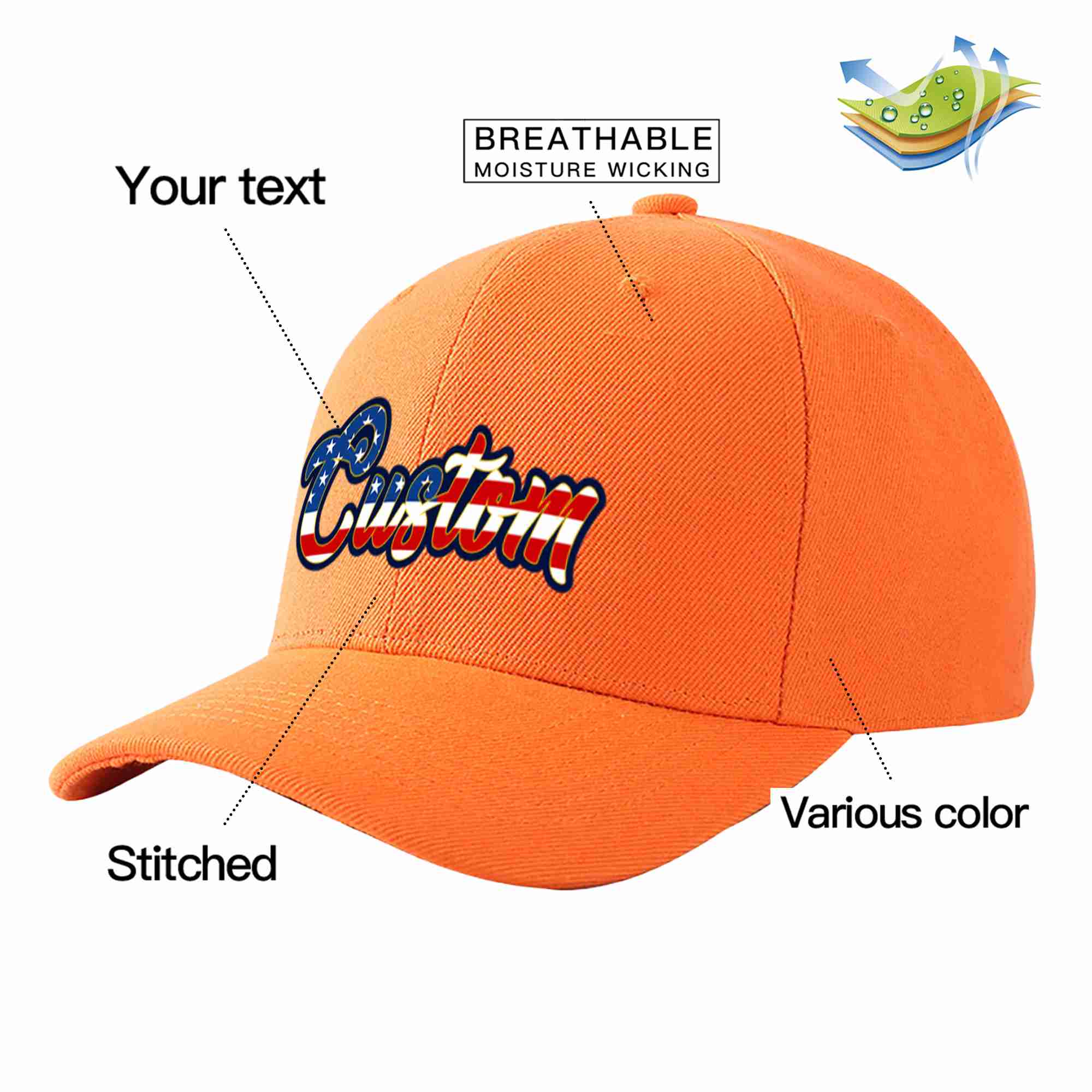 Casquette de baseball de sport avec avant-toit incurvé, personnalisé, Orange, Vintage, drapeau des états-unis, doré, Design pour hommes/femmes/jeunes