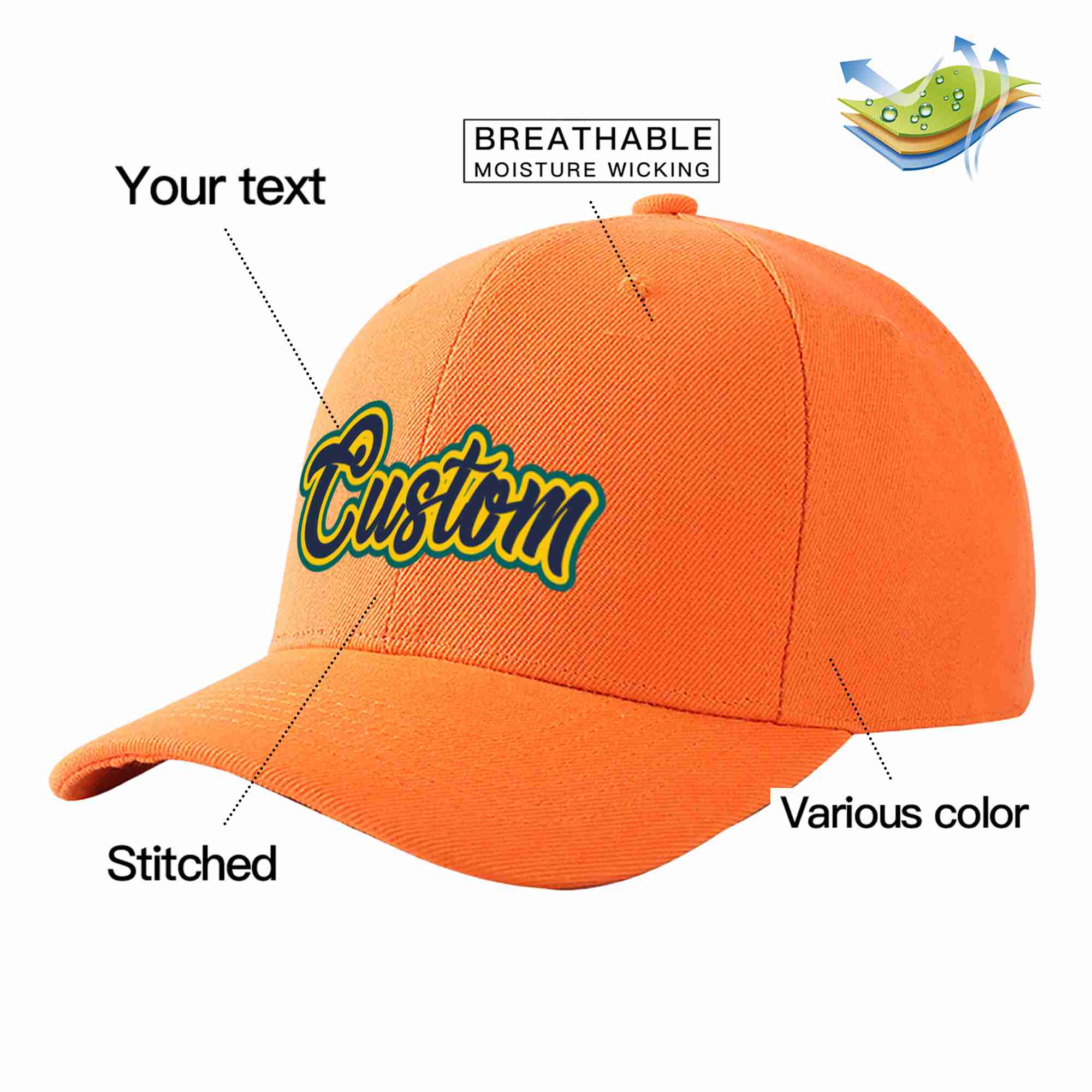 Conception personnalisée de casquette de baseball de sport incurvée orange marine-or pour hommes/femmes/jeunes