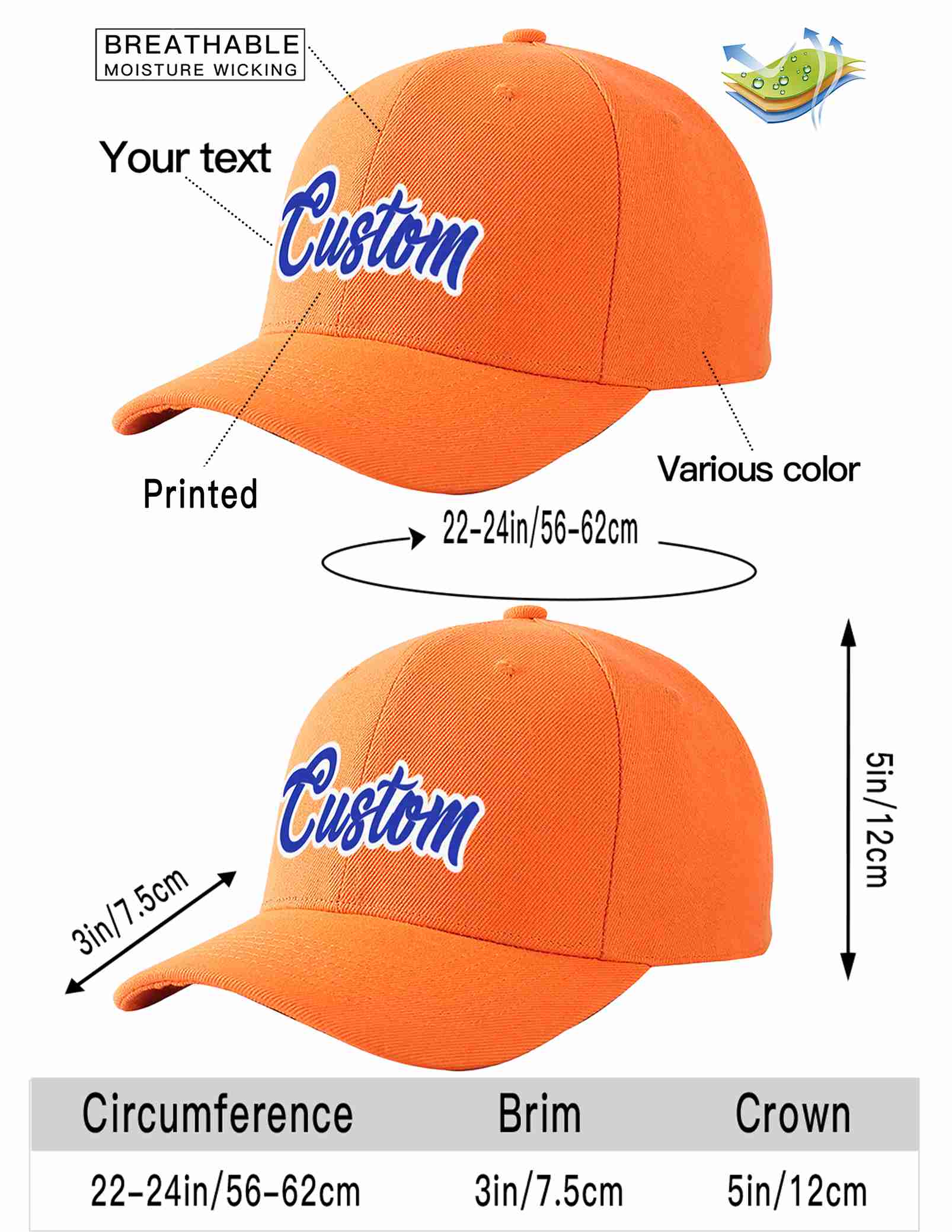 Conception personnalisée de casquette de baseball de sport incurvée orange royal-blanc pour hommes/femmes/jeunes