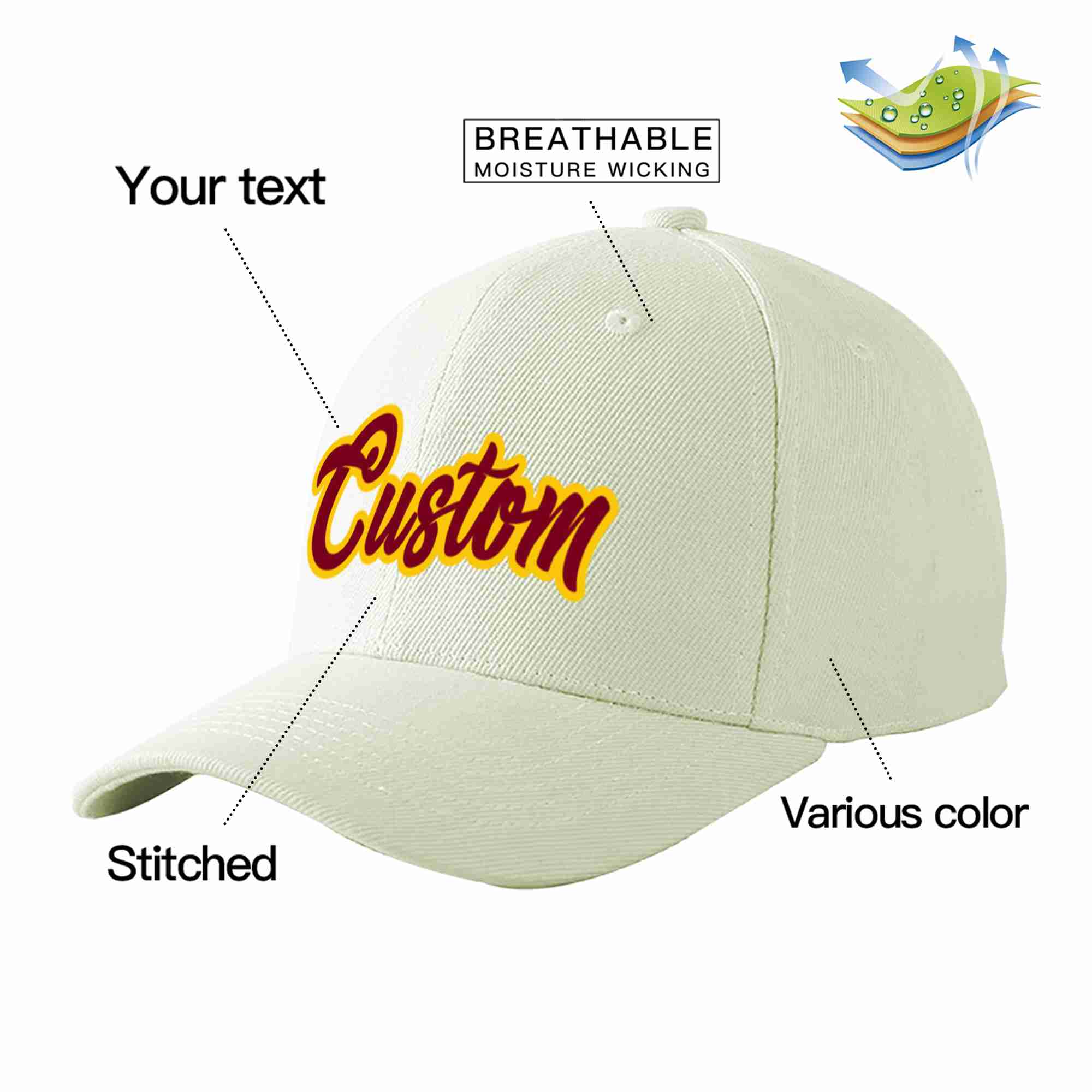 Custom Cream Crimson-Gold Curved Eaves Sport Baseball Cap Design for Men/Women/Youth