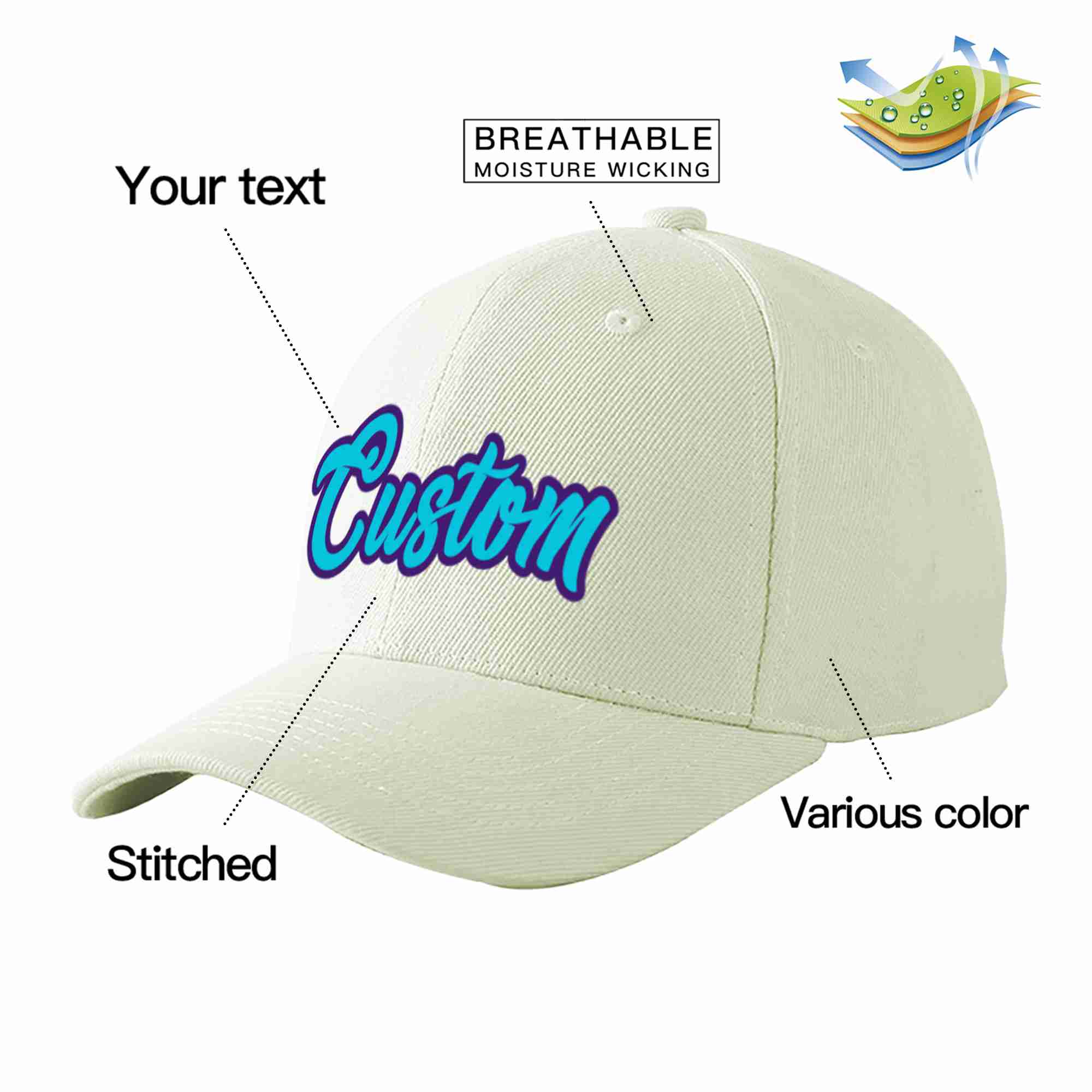 Custom Cream Light Blue-Purple Curved Eaves Sport Baseball Cap Design for Men/Women/Youth