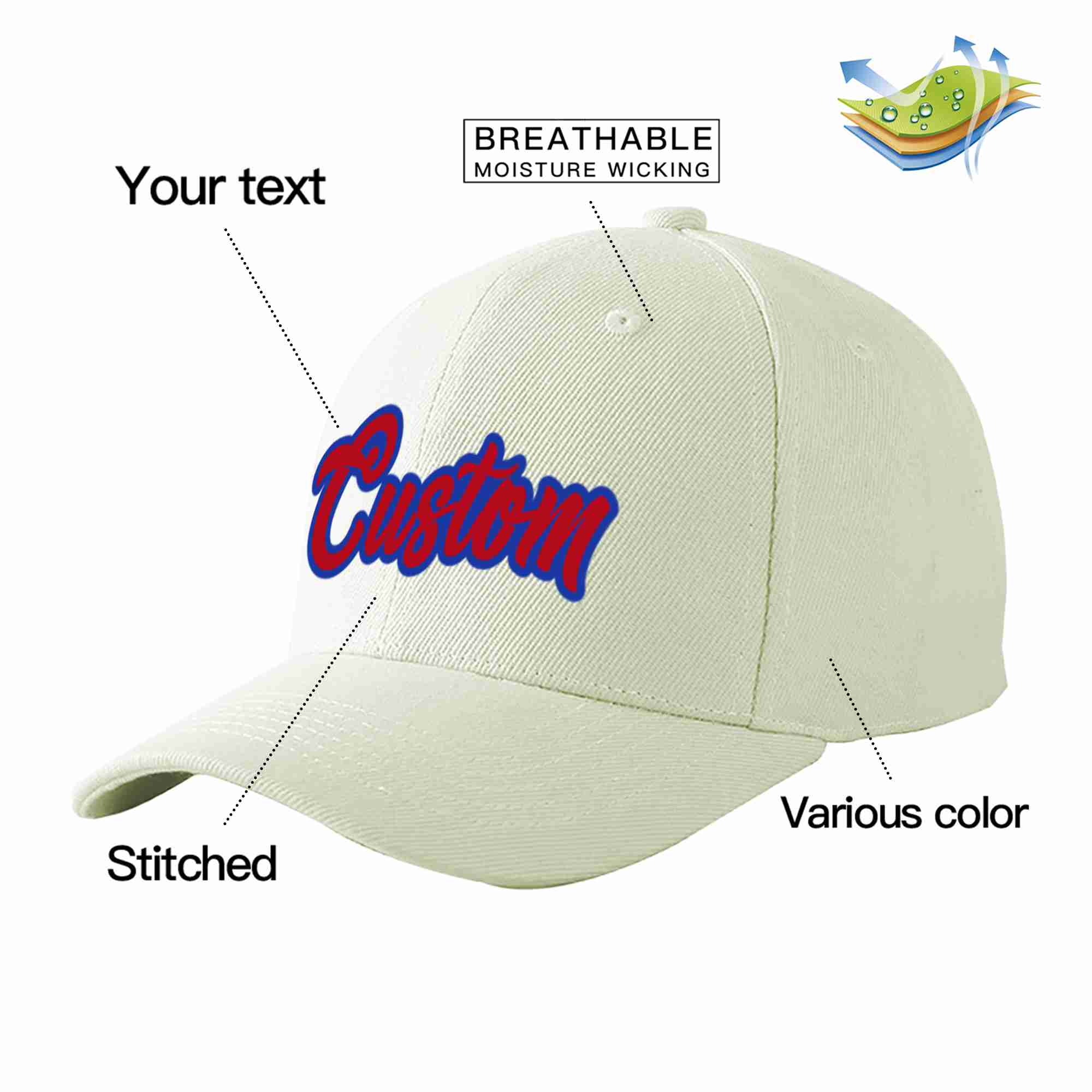 Custom Cream Red-Royal Curved Eaves Sport Baseball Cap Design for Men/Women/Youth