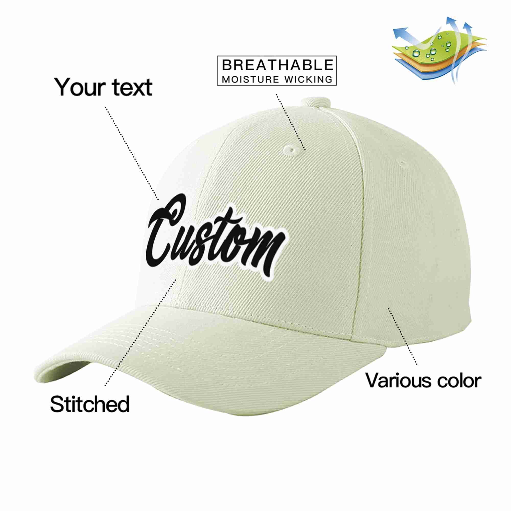 Custom Cream Black-White Curved Eaves Sport Baseball Cap Design for Men/Women/Youth