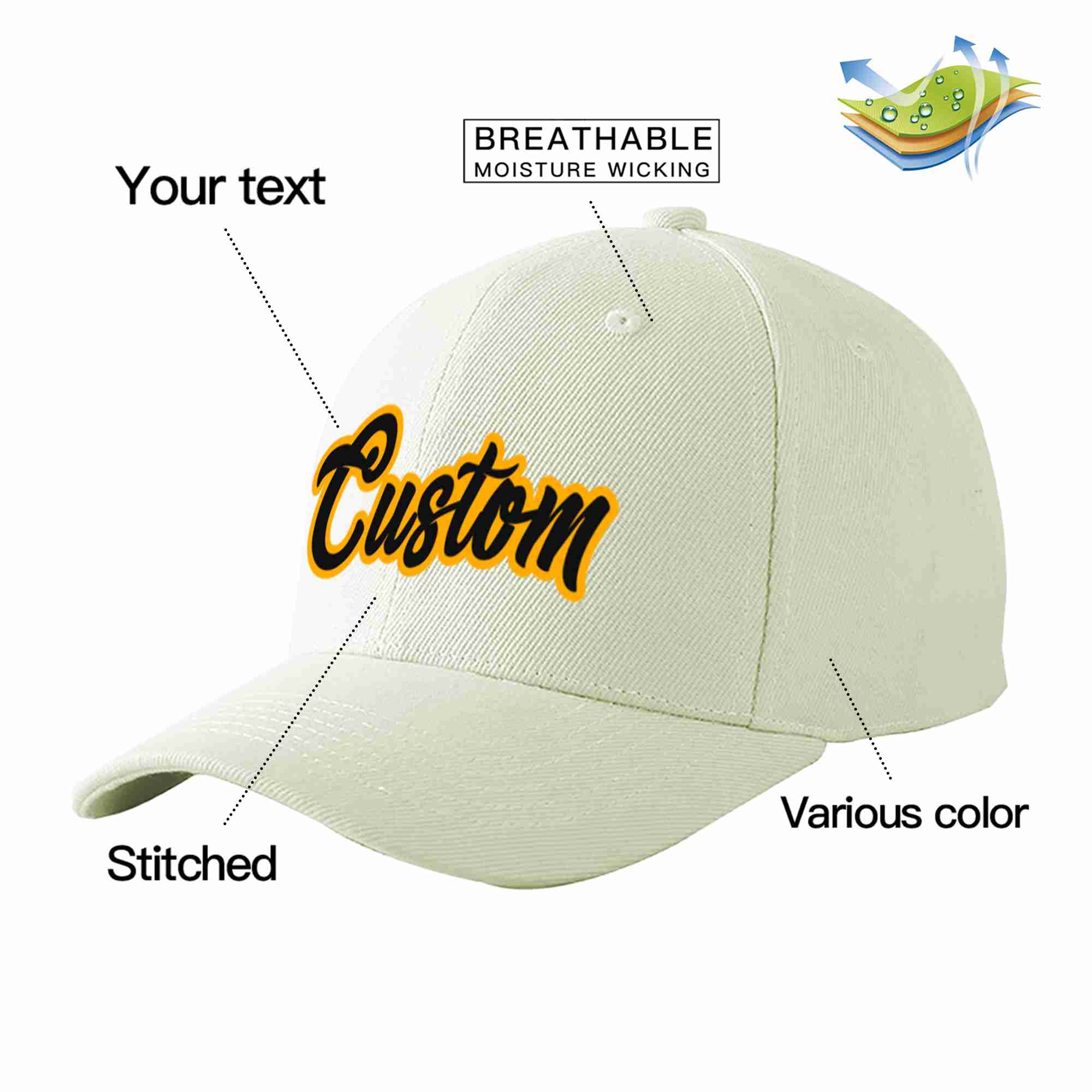 Custom Cream Black-Yellow Curved Eaves Sport Baseball Cap Design for Men/Women/Youth