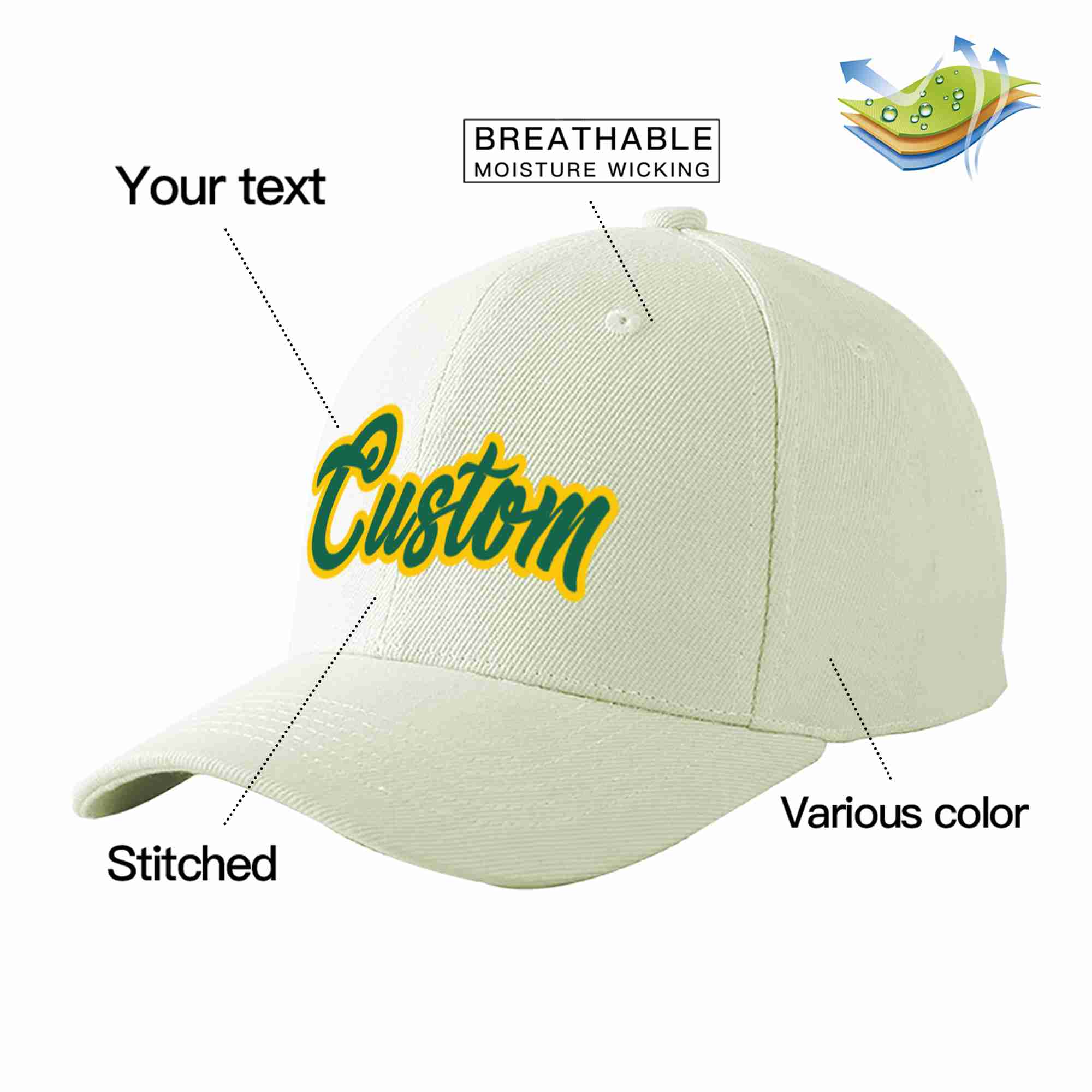 Custom Cream Kelly Green-Gold Curved Eaves Sport Baseball Cap Design for Men/Women/Youth