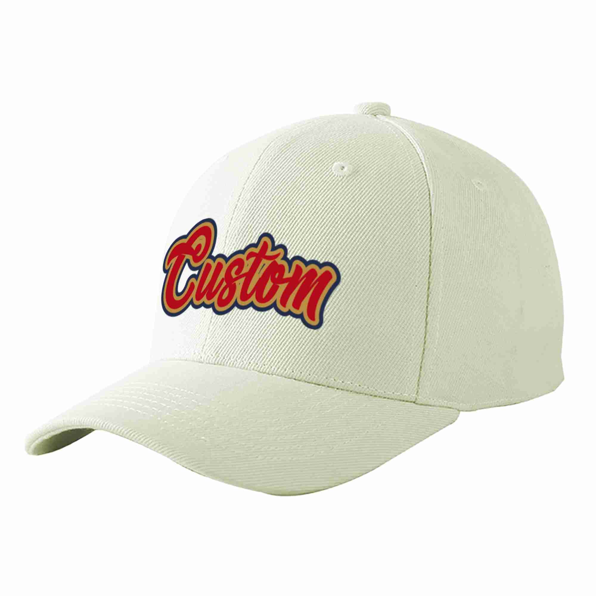 Conception personnalisée de casquette de baseball de sport à avant-toit incurvé rouge-vieil or crème pour hommes/femmes/jeunes