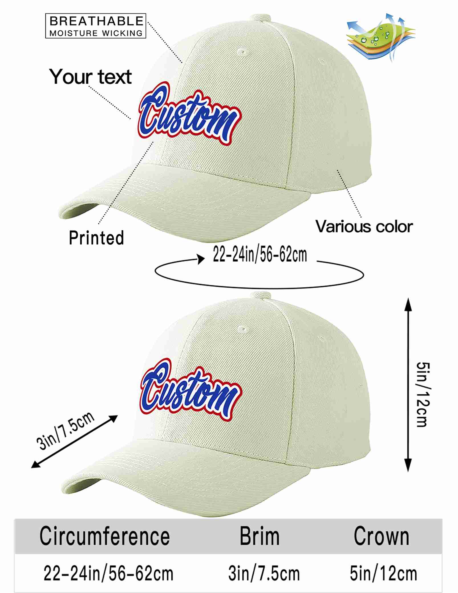 Conception personnalisée de casquette de baseball de sport incurvée blanc royal-blanc crème pour hommes/femmes/jeunes