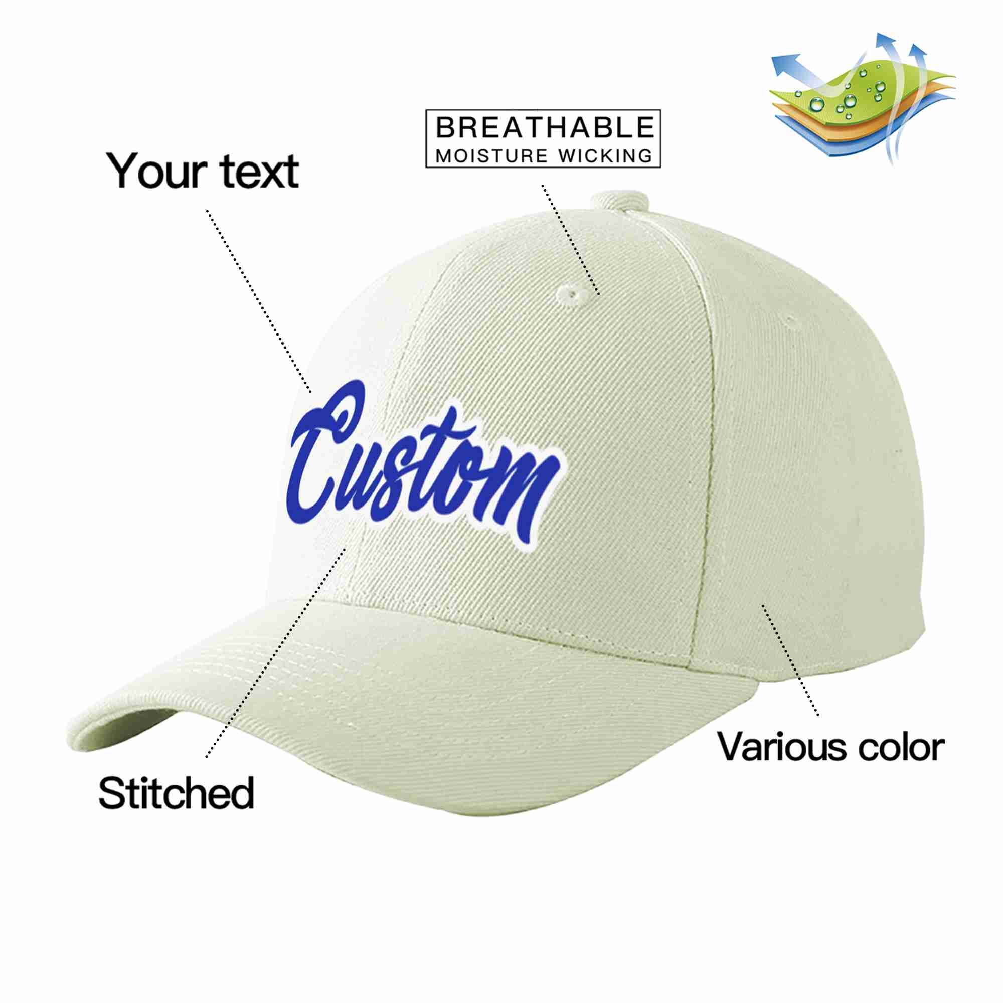 Conception personnalisée de casquette de baseball de sport incurvée blanc royal-blanc crème pour hommes/femmes/jeunes