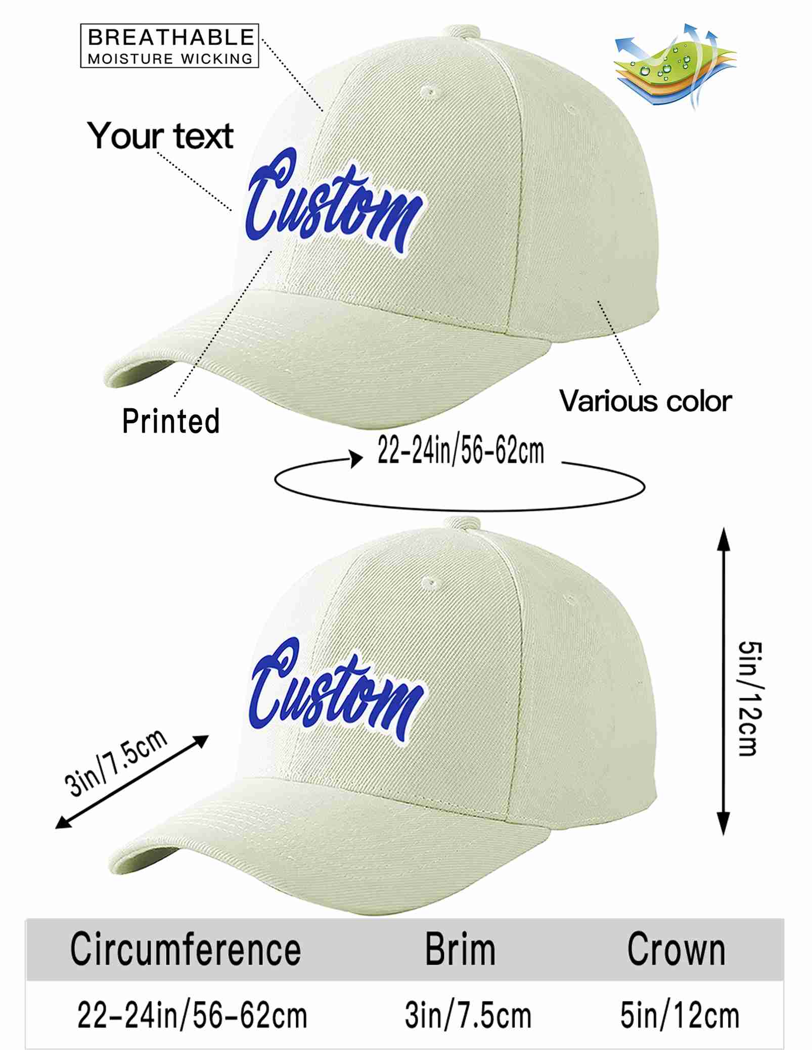 Custom Cream Royal-White Curved Eaves Sport Baseball Cap Design for Men/Women/Youth