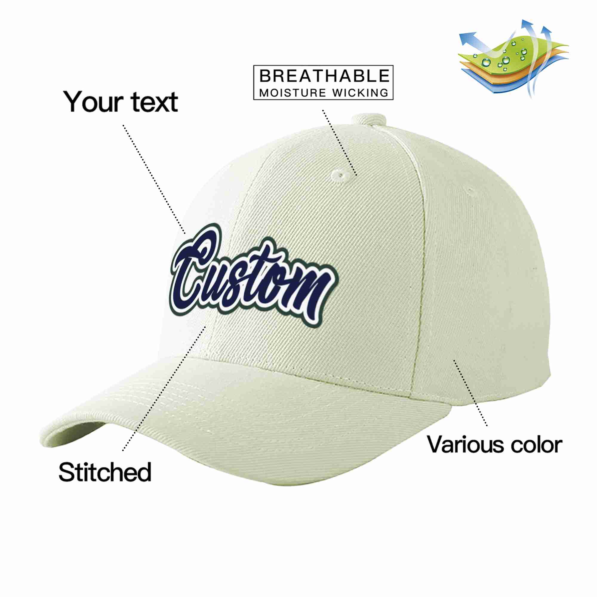 Custom Cream Navy-White Curved Eaves Sport Baseball Cap Design for Men/Women/Youth