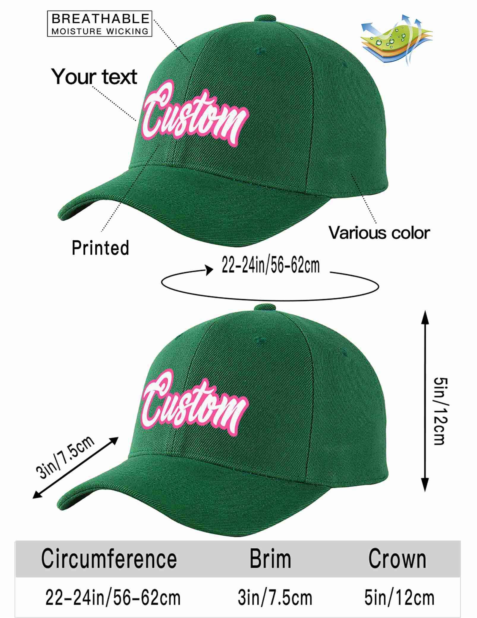 Conception personnalisée de casquette de baseball de sport incurvée vert blanc-rose pour hommes/femmes/jeunes