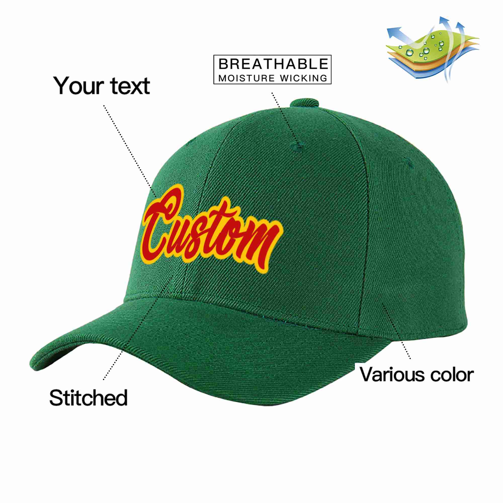 Conception personnalisée de casquette de baseball de sport incurvée vert rouge-jaune pour hommes/femmes/jeunes