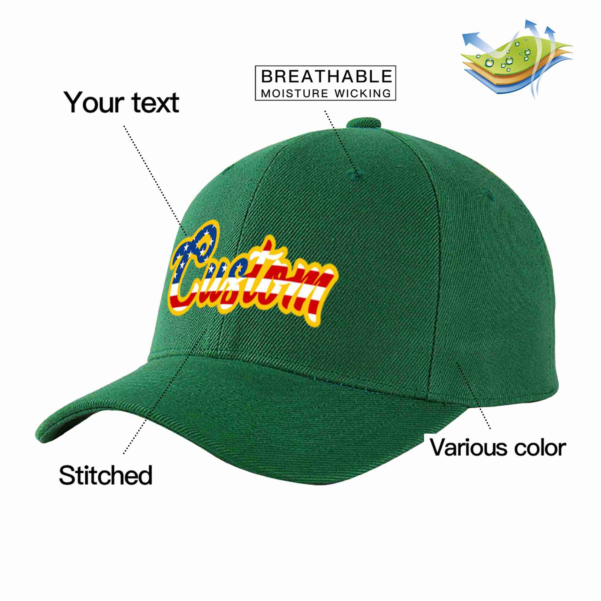 Conception de casquette de baseball de sport à avant-toit incurvé vert personnalisé avec drapeau américain vintage pour hommes/femmes/jeunes