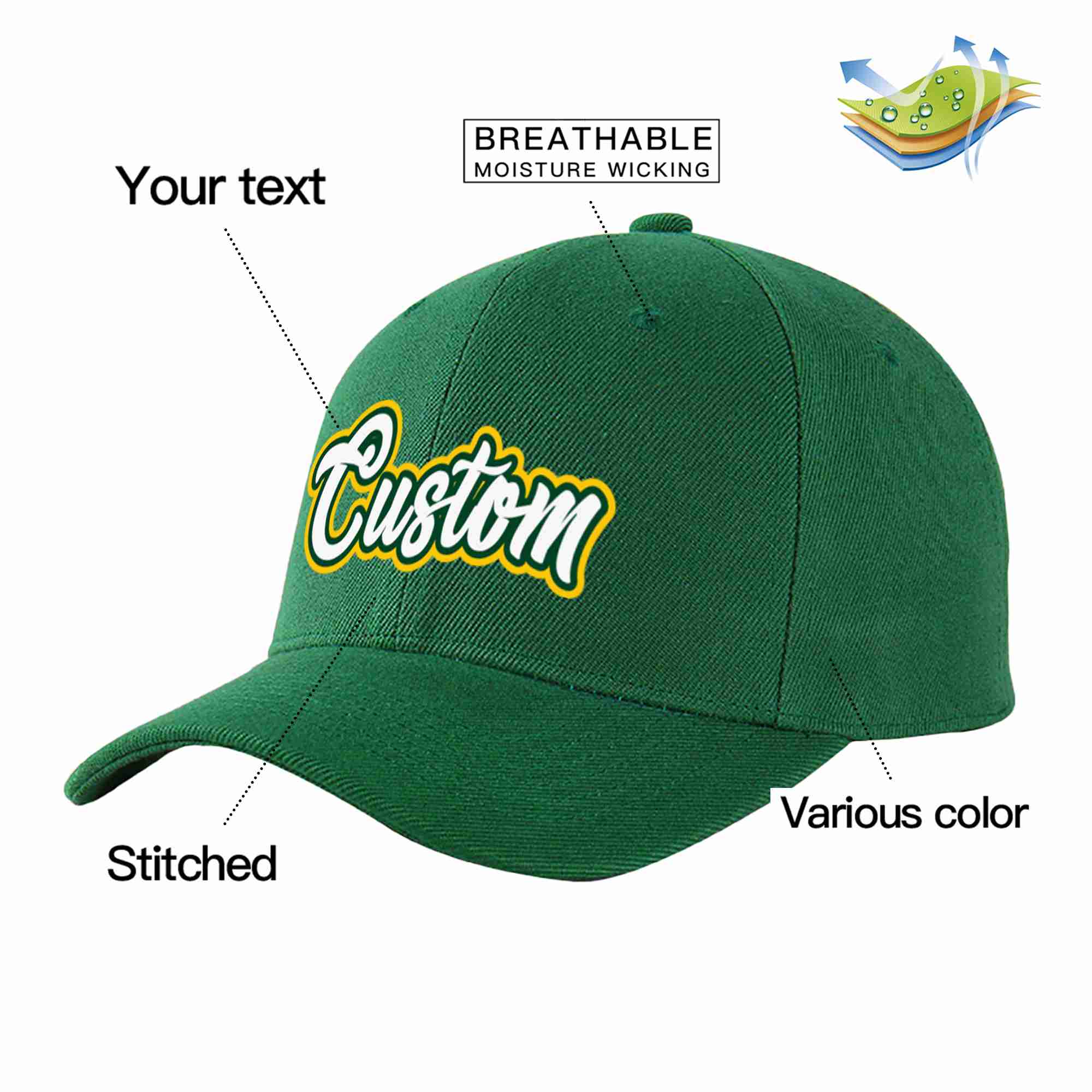 Conception personnalisée de casquette de baseball de sport à avant-toit incurvé vert blanc-kelly vert pour hommes/femmes/jeunes