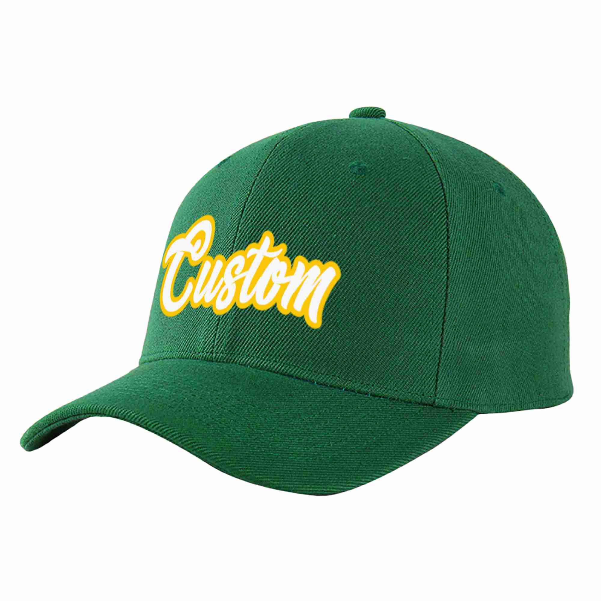 Conception personnalisée de casquette de baseball de sport incurvée vert blanc-or pour hommes/femmes/jeunes