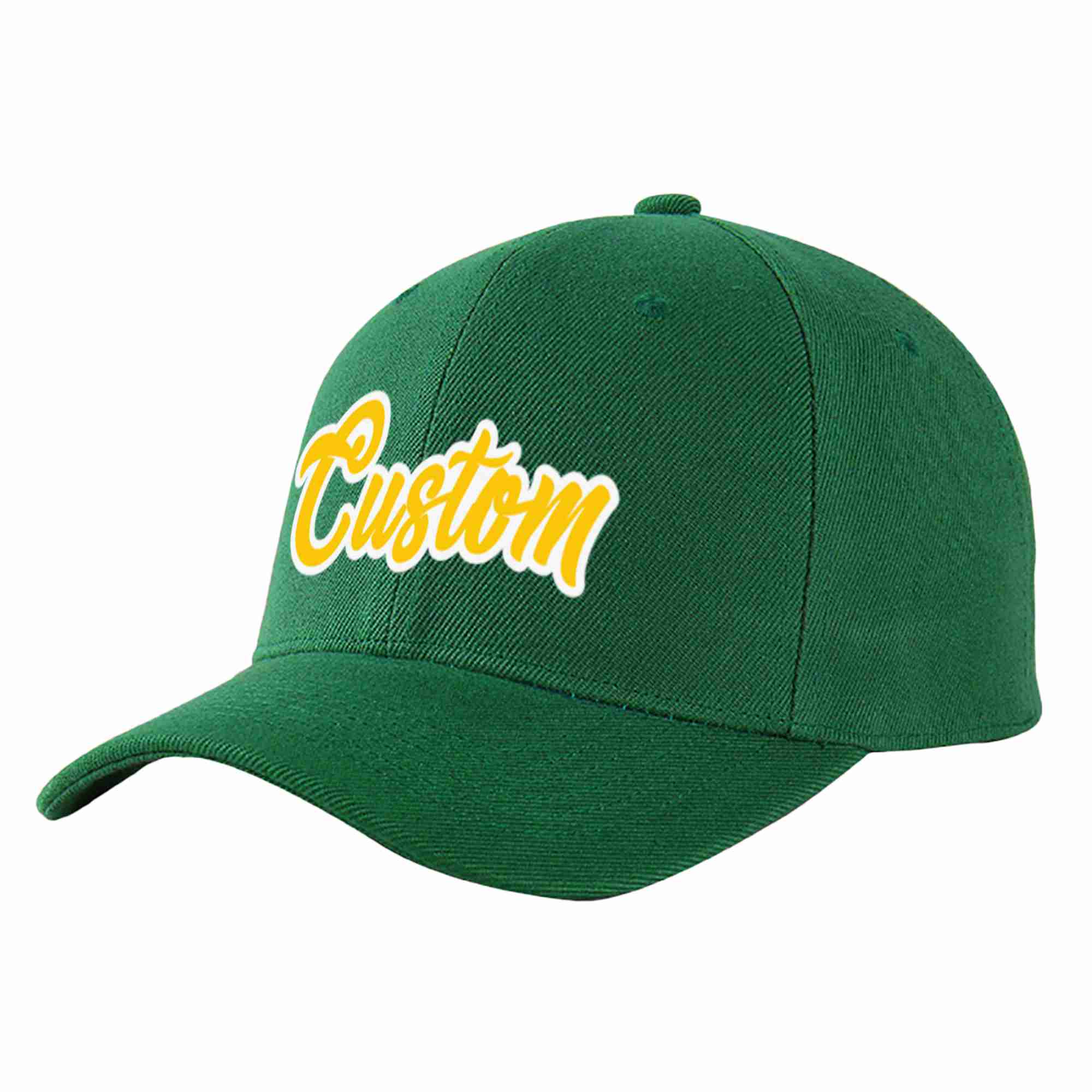 Conception personnalisée de casquette de baseball de sport courbée vert or-blanc pour hommes/femmes/jeunes