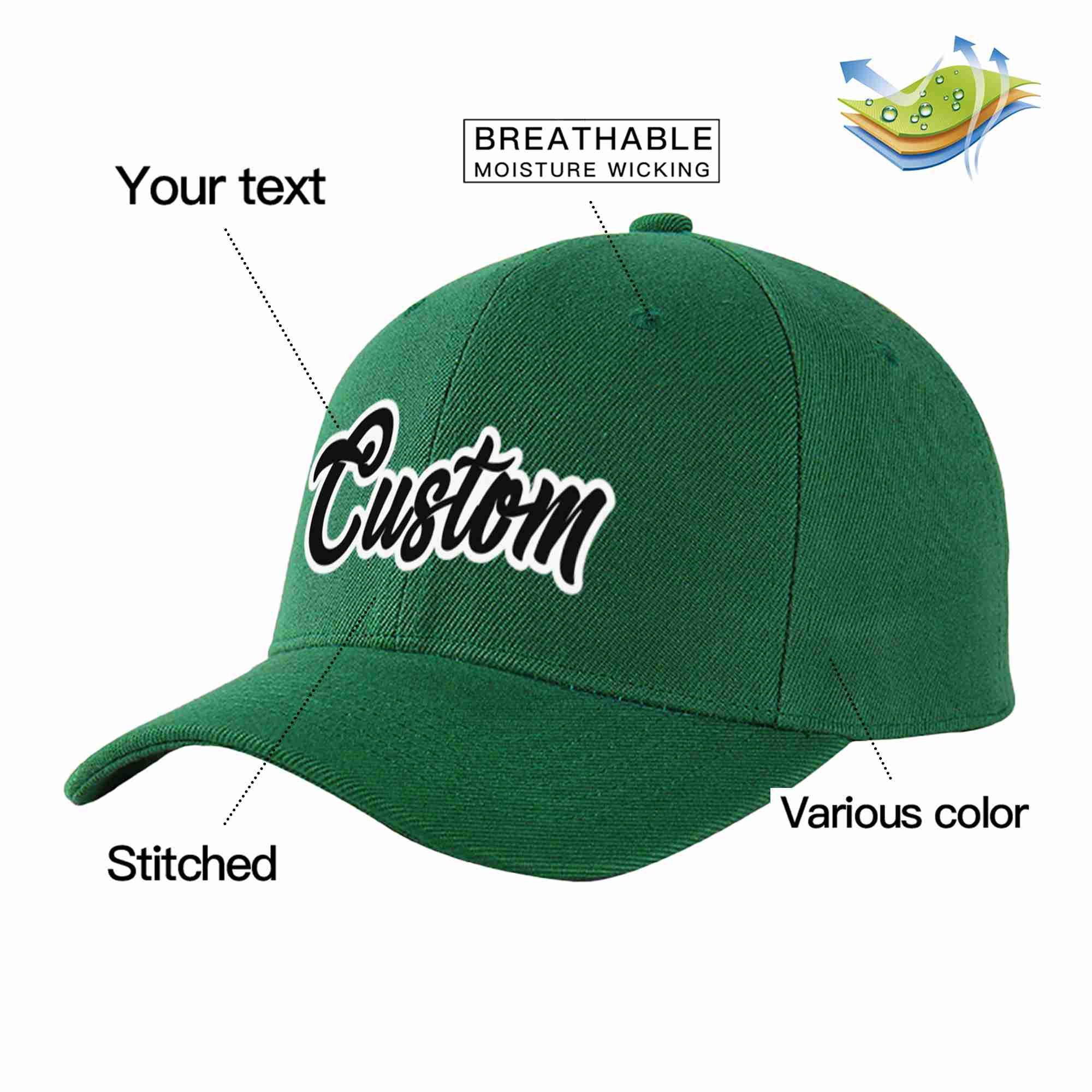 Conception personnalisée de casquette de baseball de sport incurvée vert noir-blanc pour hommes/femmes/jeunes