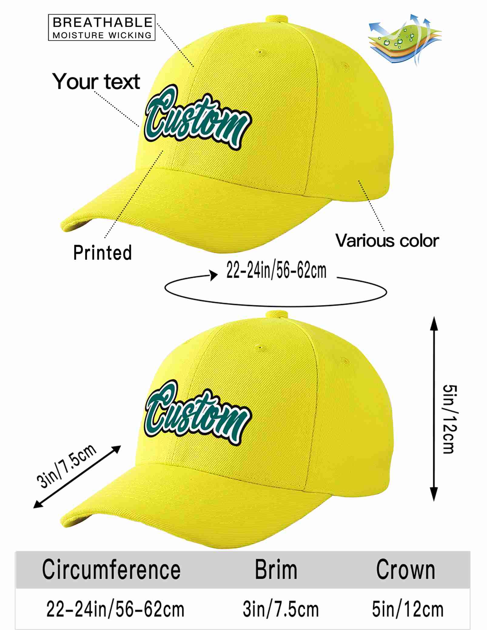 Conception personnalisée de casquette de baseball de sport courbée jaune aqua-blanc pour hommes/femmes/jeunes